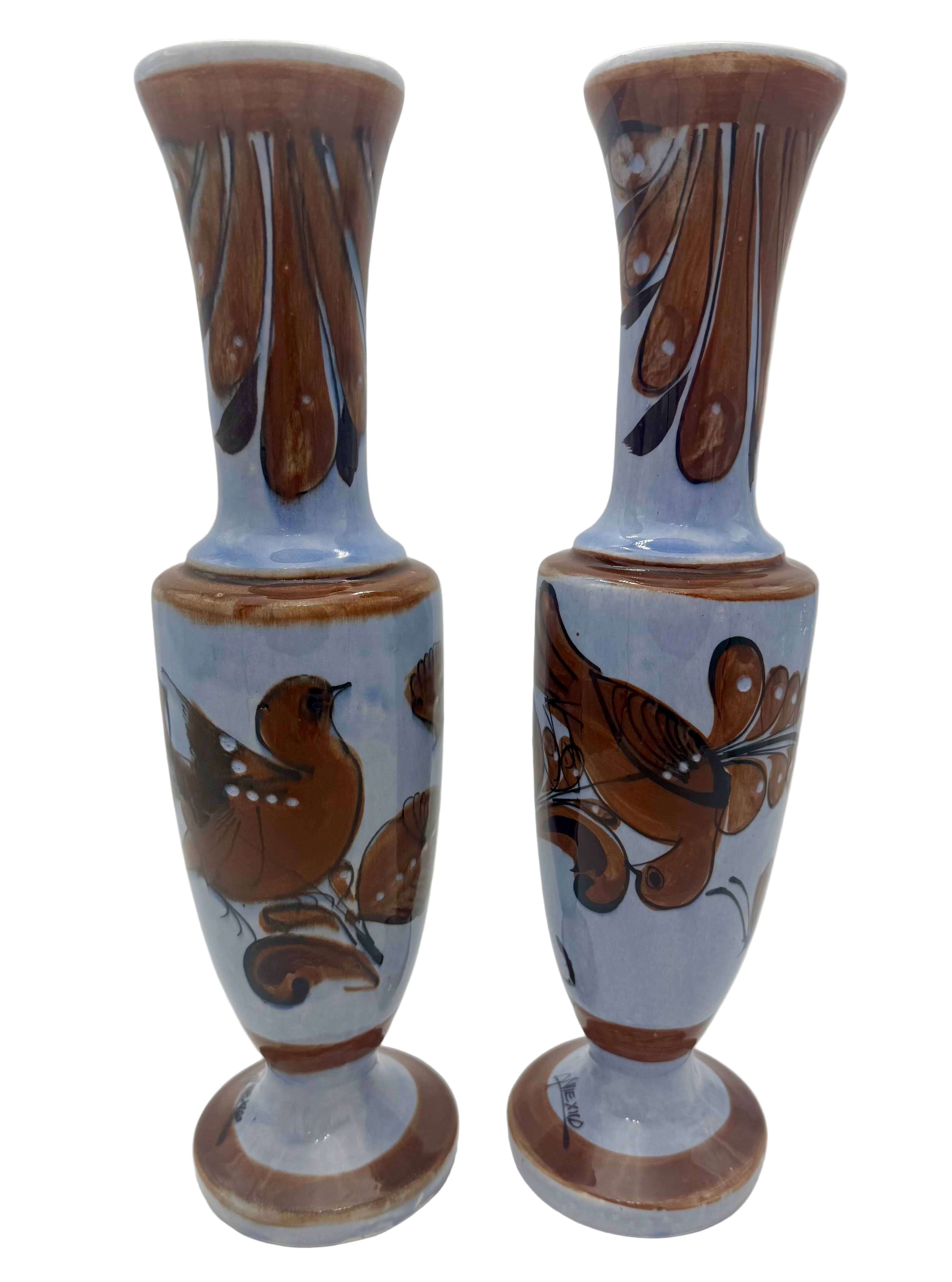VINTAGE STUDIO POTTERY BIRD & BUTTERFLY VASES SIGNED ALEX XID | MID CENTURY HAND PAINTED CERAMIC VASES | 16 INCH ART POTTERY