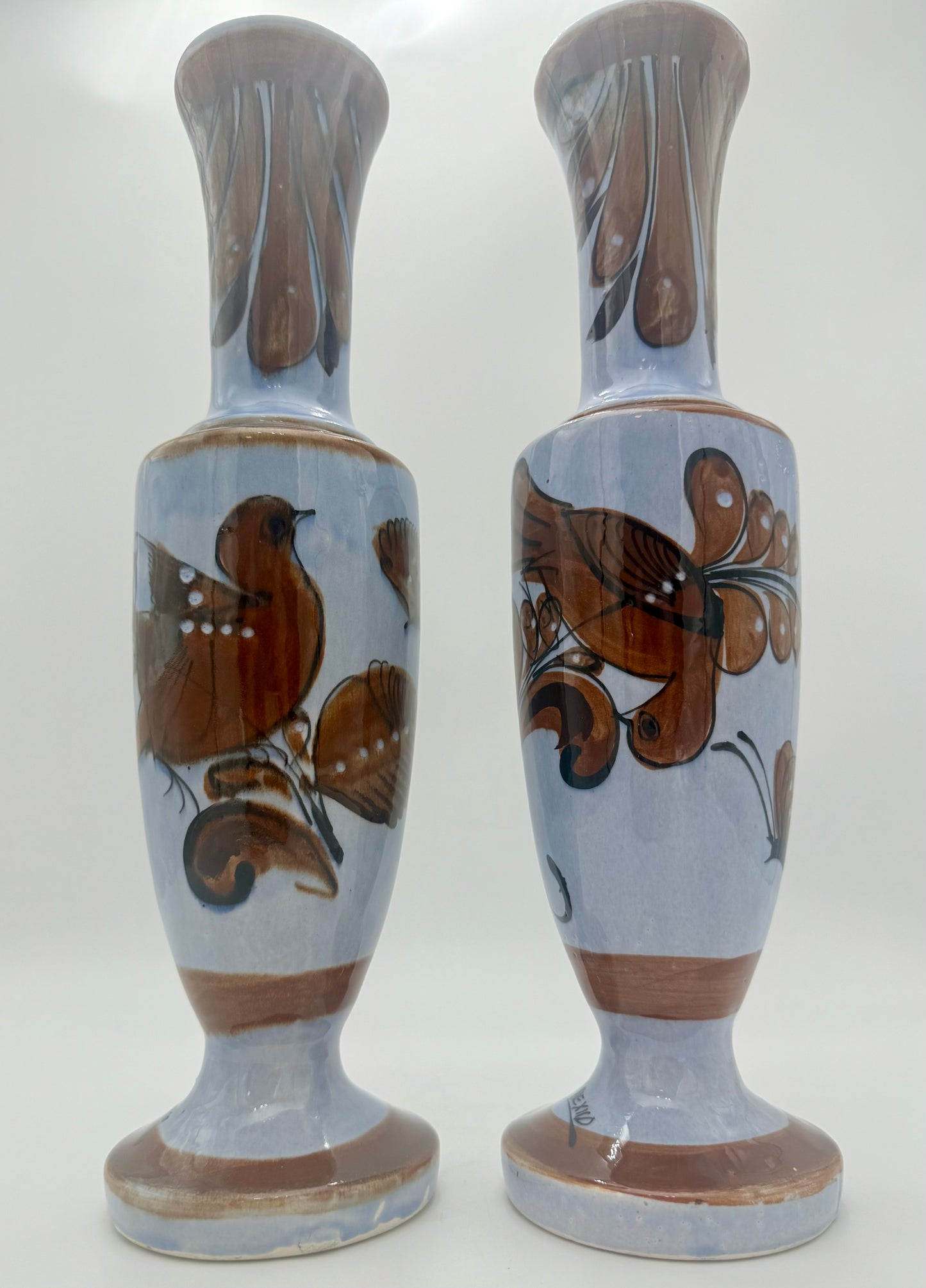 MIDCENTURY TONALA MEXICO SIGNED BIRDS AND BUTTERFLY 16" TALL BOHO VASES