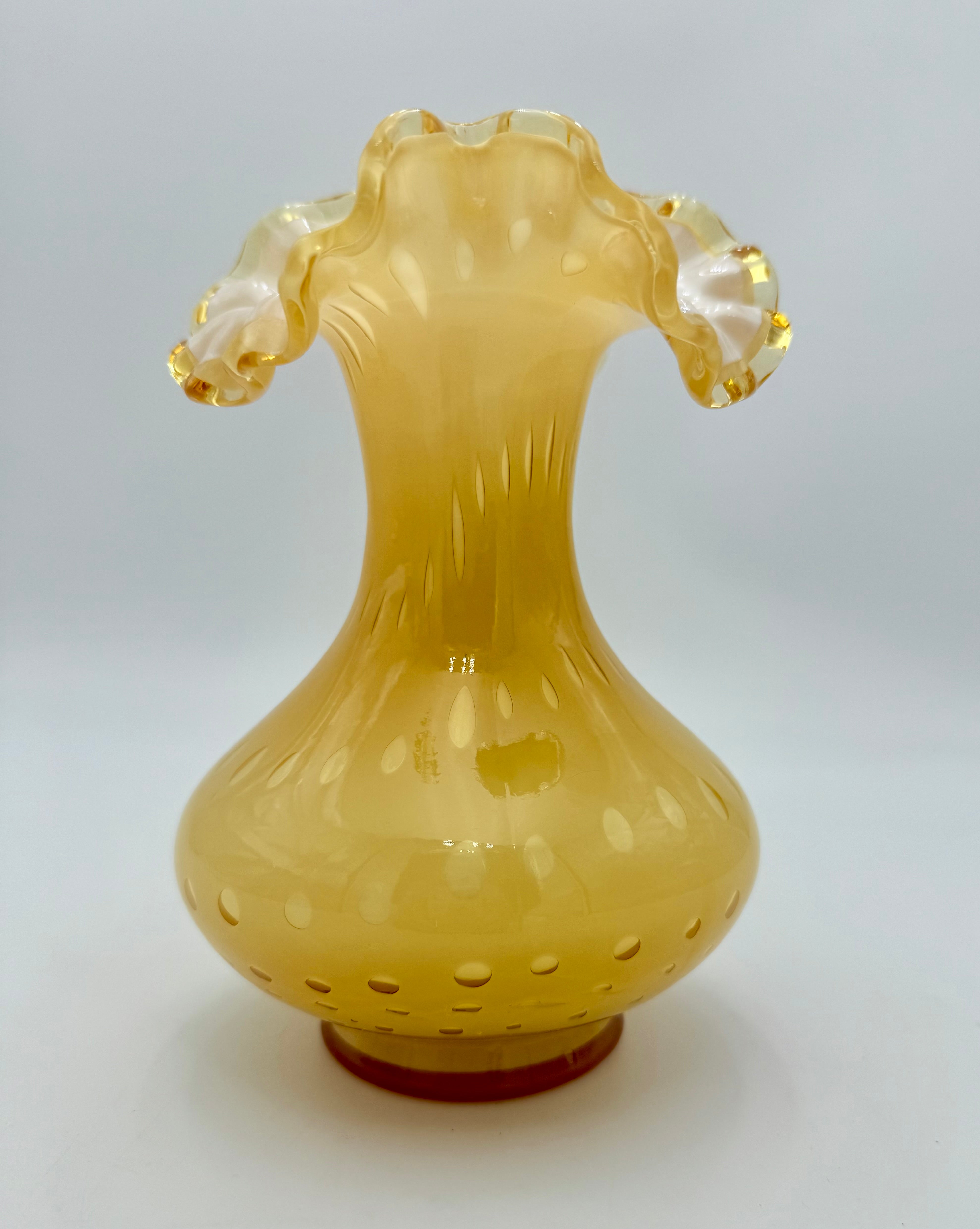 VINTAGE AMBER YELLOW OPALESCENT ART GLASS VASE WITH RUFFLED RIM – MID CENTURY EUROPEAN DECOR – 7.5 INCH