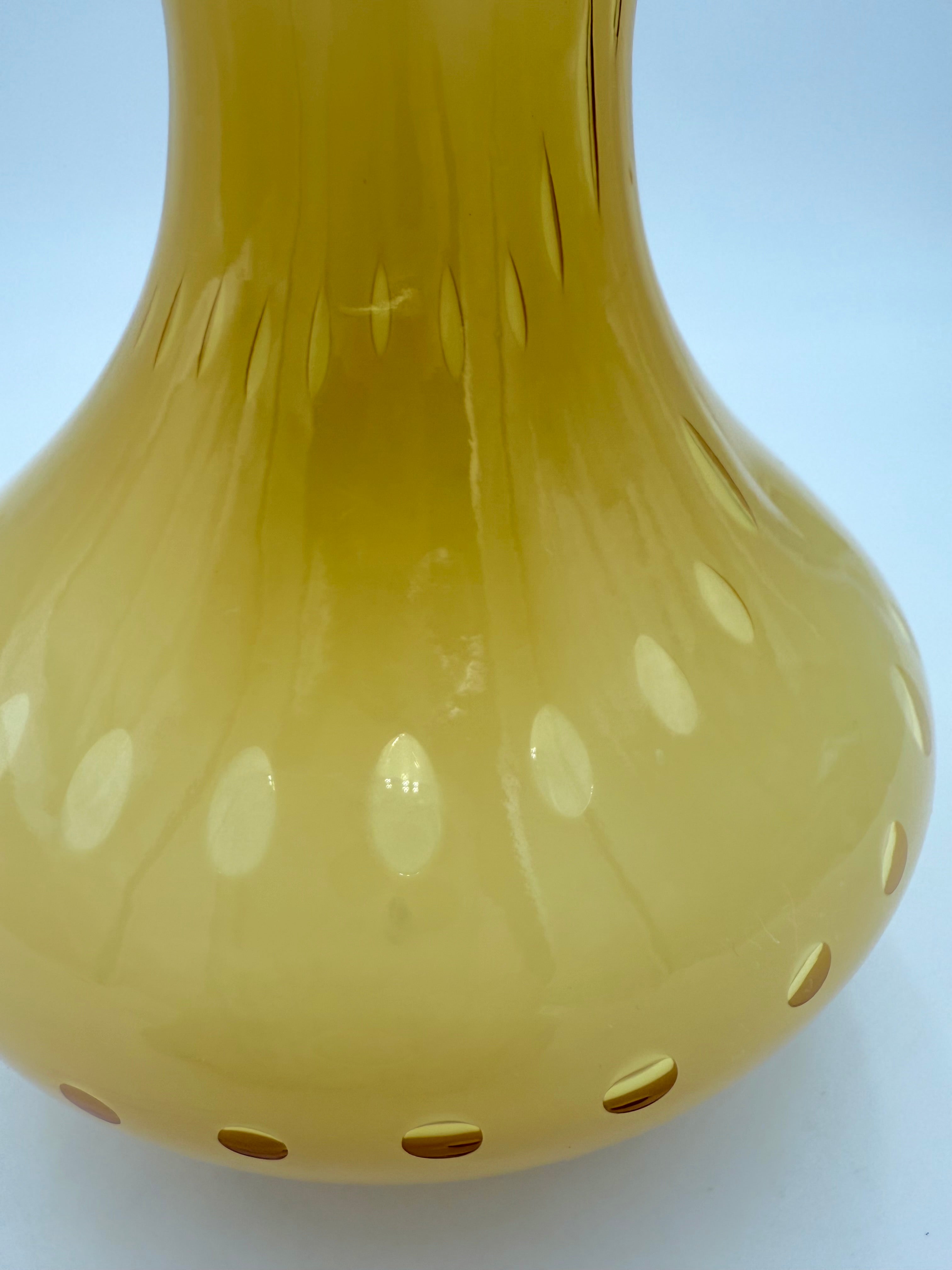 VINTAGE AMBER YELLOW OPALESCENT ART GLASS VASE WITH RUFFLED RIM – MID CENTURY EUROPEAN DECOR – 7.5 INCH