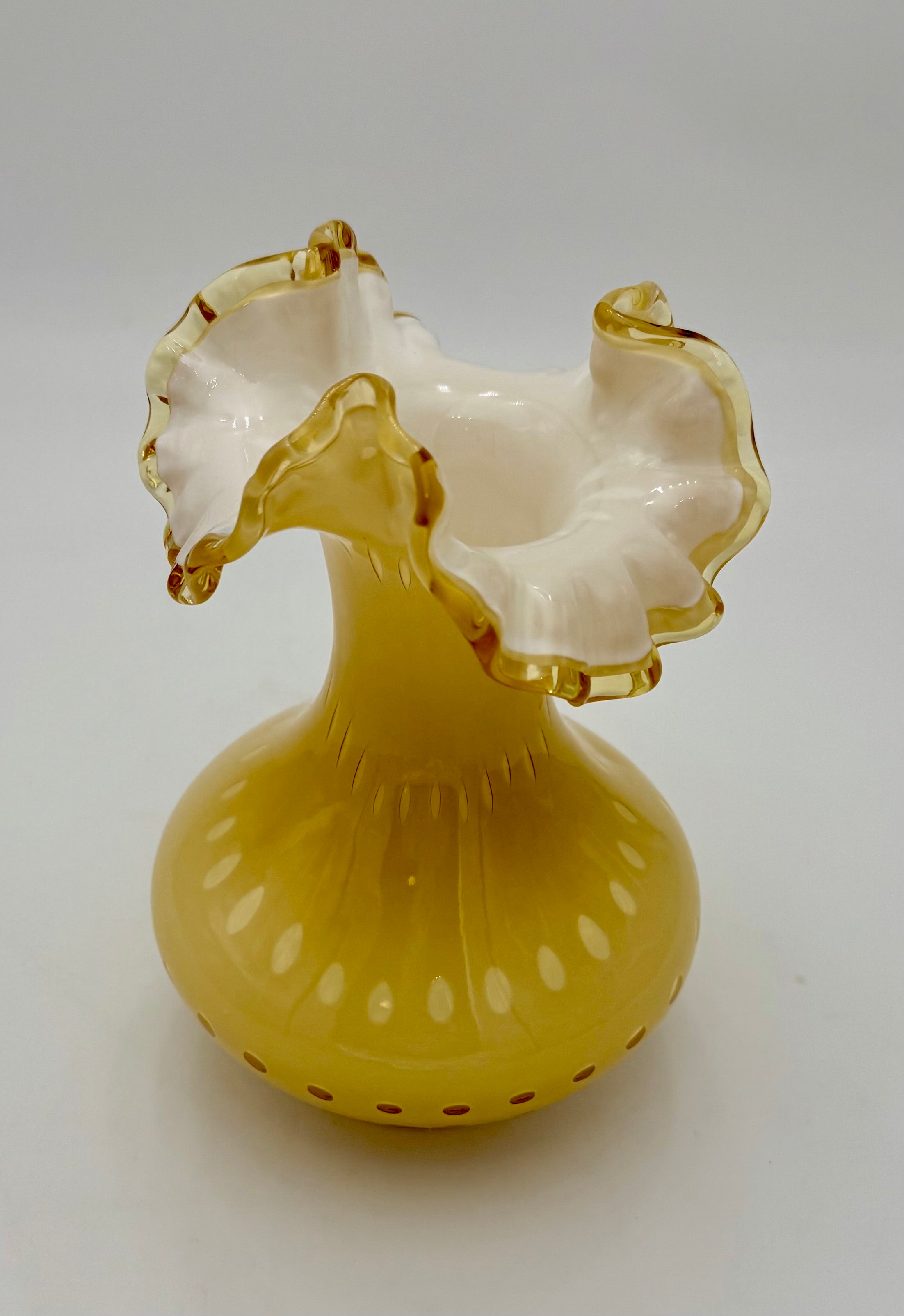 VINTAGE AMBER YELLOW OPALESCENT ART GLASS VASE WITH RUFFLED RIM – MID CENTURY EUROPEAN DECOR – 7.5 INCH