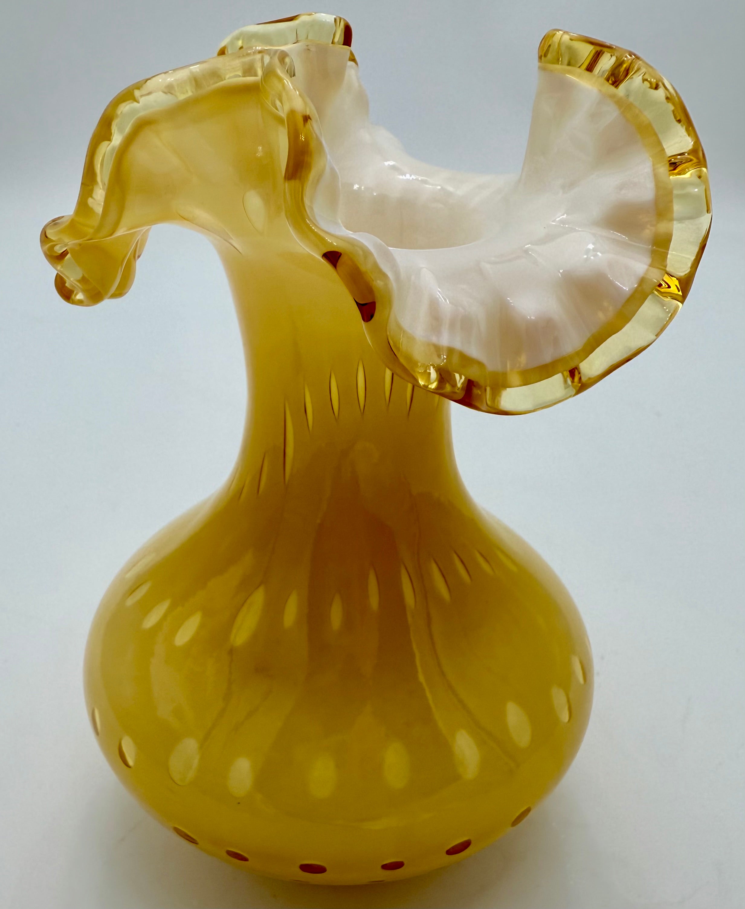 VINTAGE AMBER YELLOW OPALESCENT ART GLASS VASE WITH RUFFLED RIM – MID CENTURY EUROPEAN DECOR – 7.5 INCH
