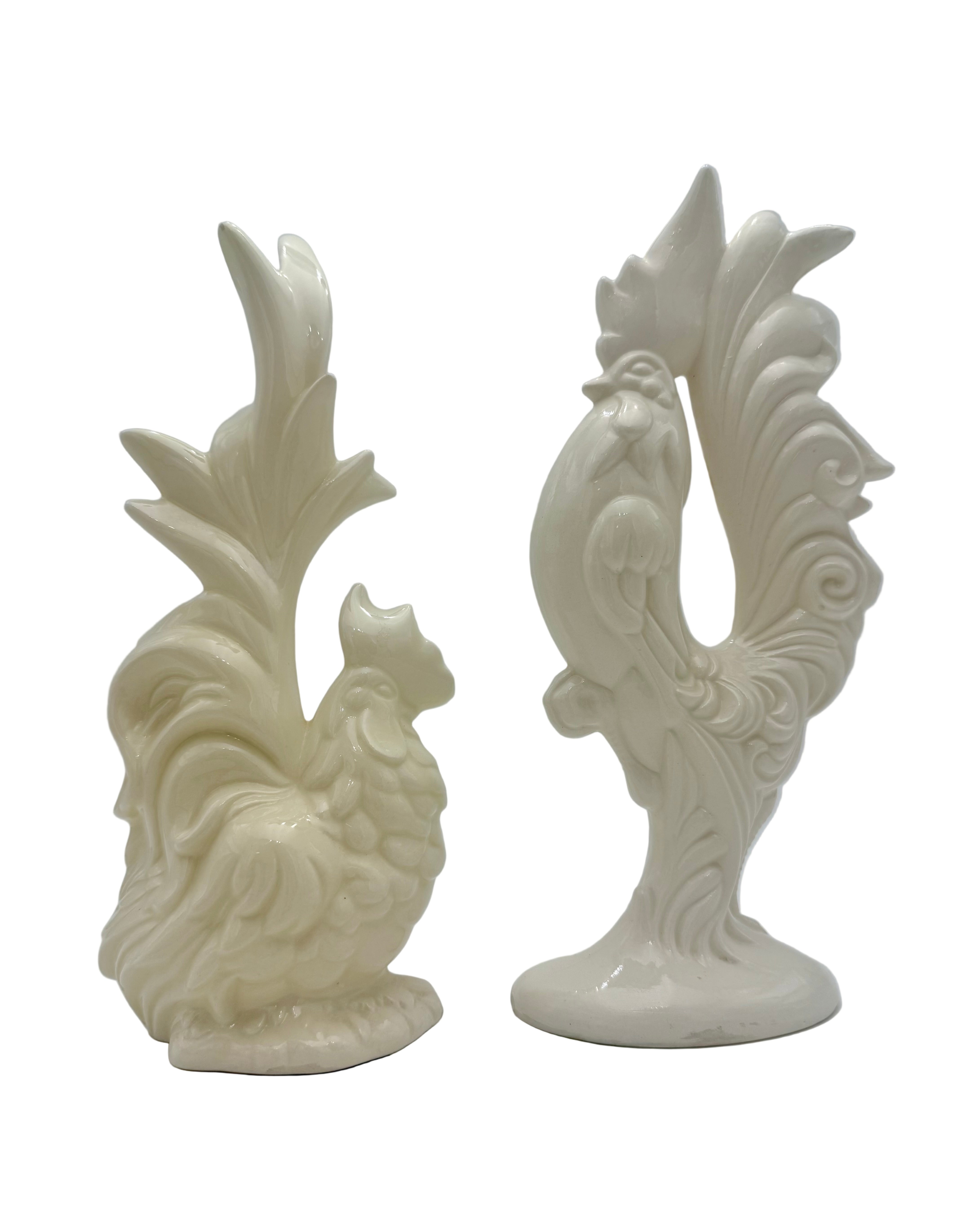VINTAGE CERAMIC ROOSTER AND HEN FIGURINES • CREAM HOLLYWOOD REGENCY DECOR • SCULPTURAL MID CENTURY PAIR