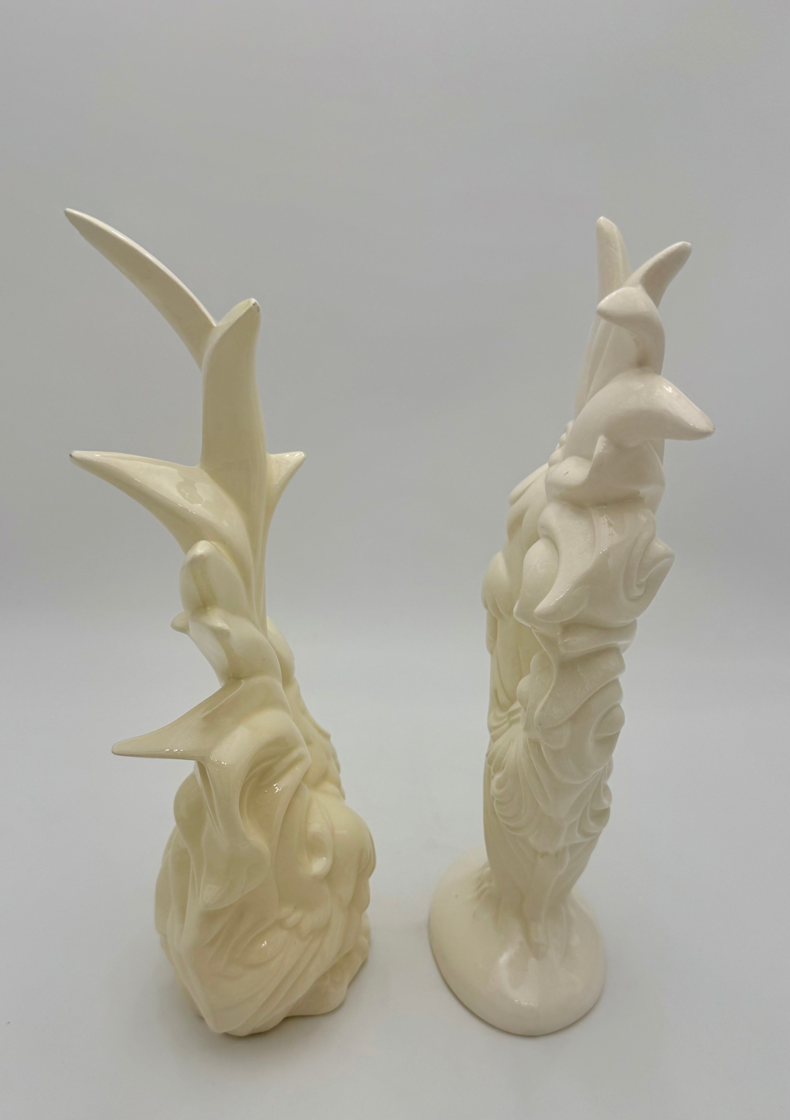 VINTAGE CERAMIC ROOSTER AND HEN FIGURINES • CREAM HOLLYWOOD REGENCY DECOR • SCULPTURAL MID CENTURY PAIR