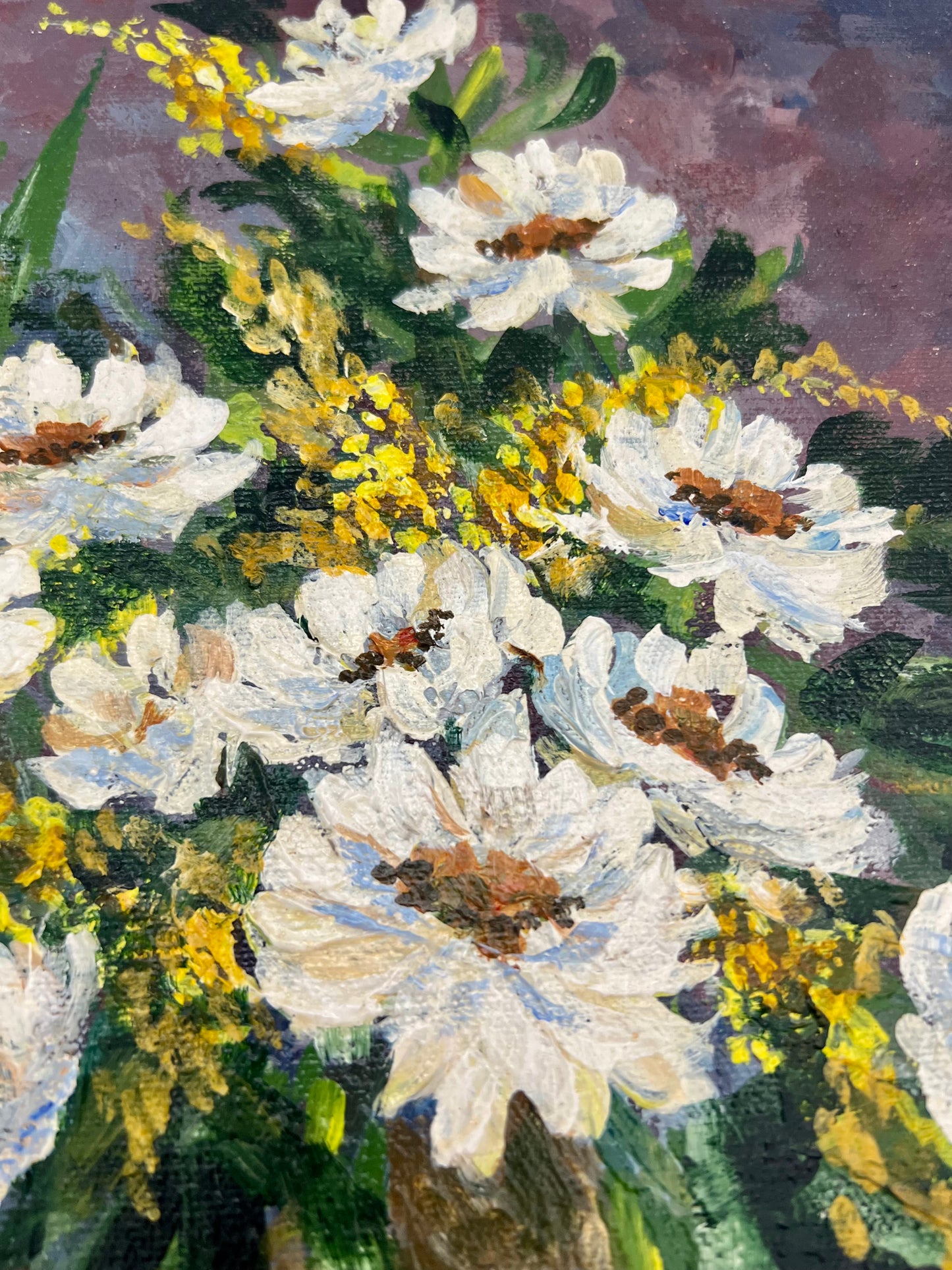 "WHITE FLOWERS" ORIGINAL ACRYLIC PAINTING BY RUTH HUNTER, 1976