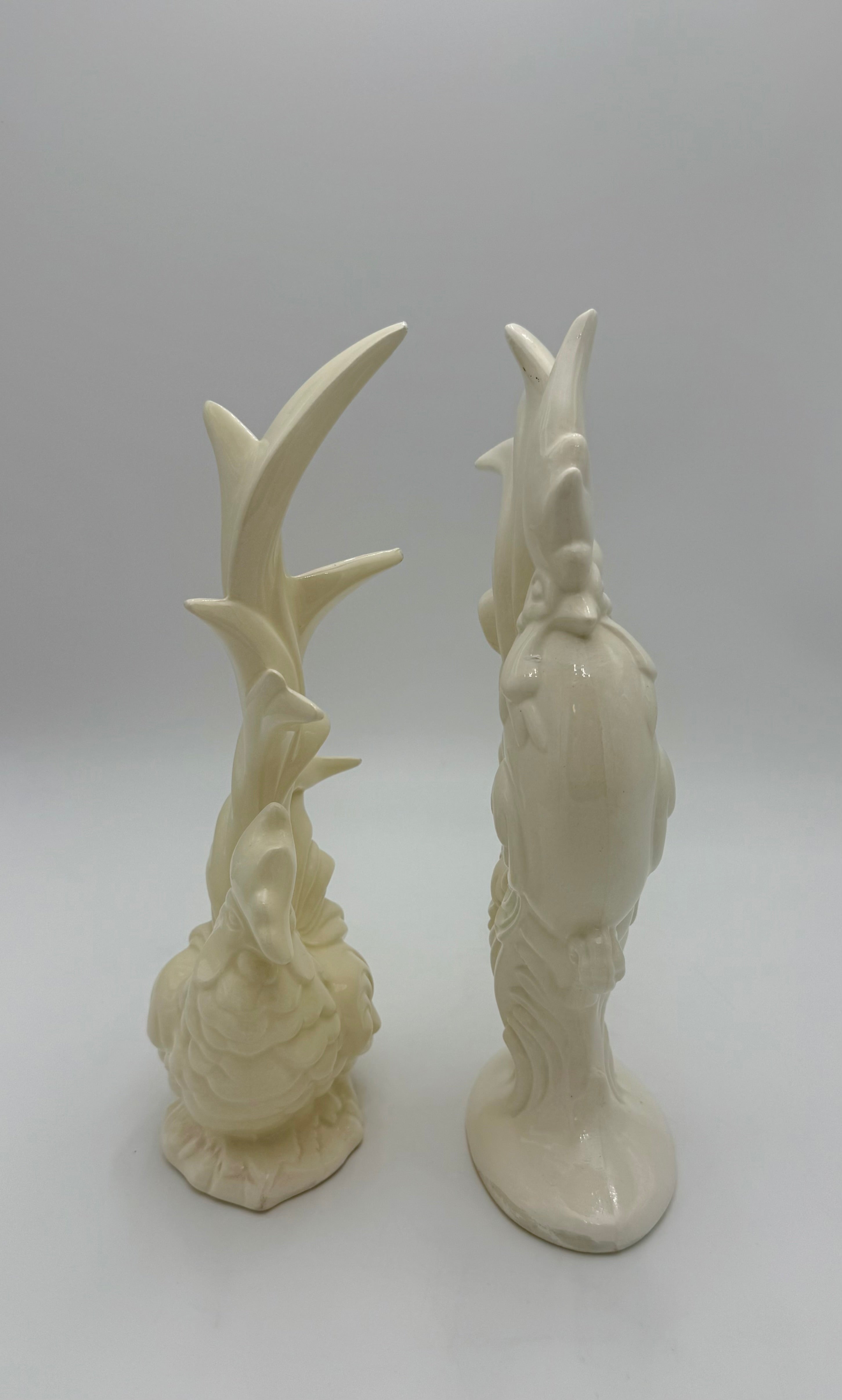VINTAGE CERAMIC ROOSTER AND HEN FIGURINES • CREAM HOLLYWOOD REGENCY DECOR • SCULPTURAL MID CENTURY PAIR