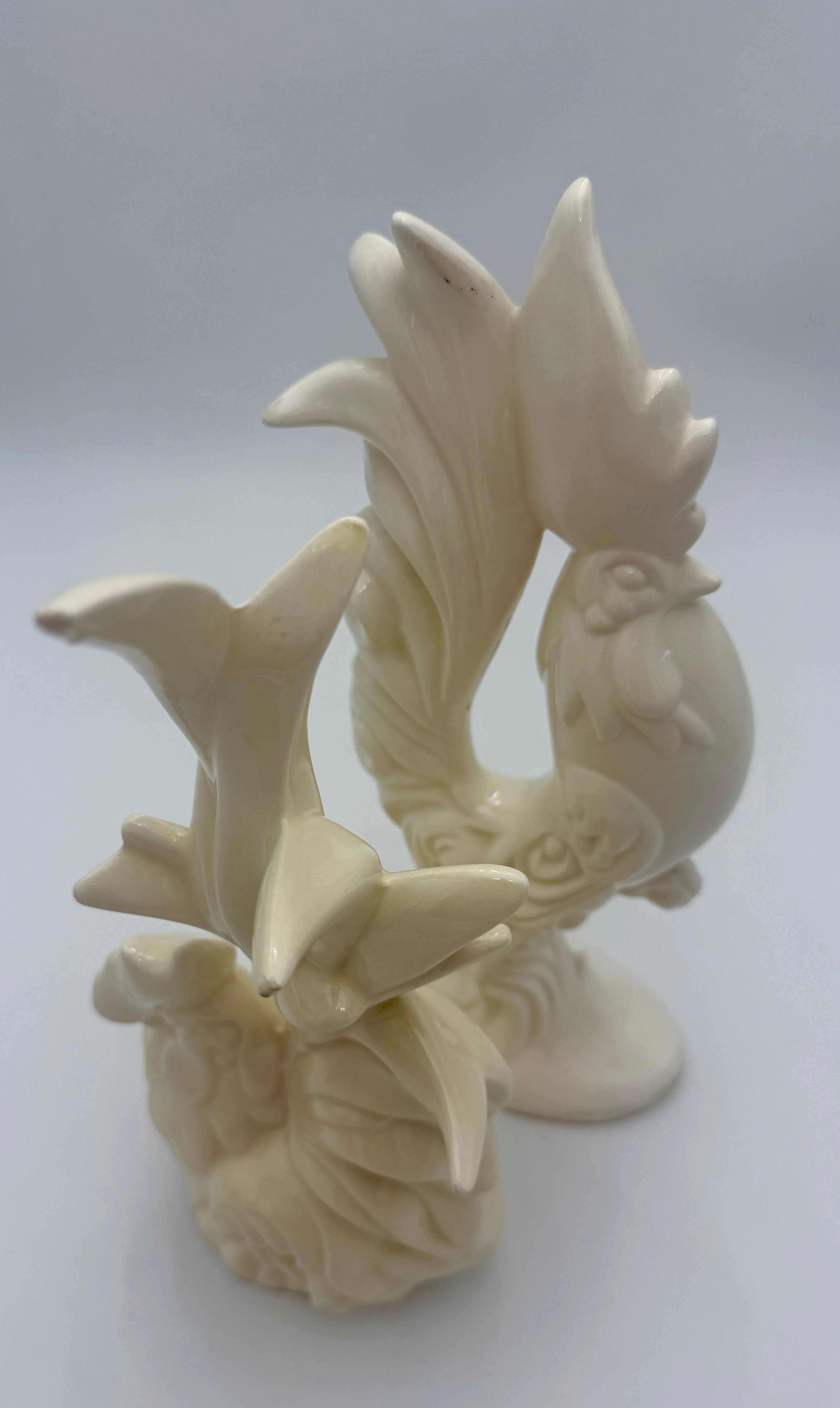 VINTAGE CERAMIC ROOSTER AND HEN FIGURINES • CREAM HOLLYWOOD REGENCY DECOR • SCULPTURAL MID CENTURY PAIR