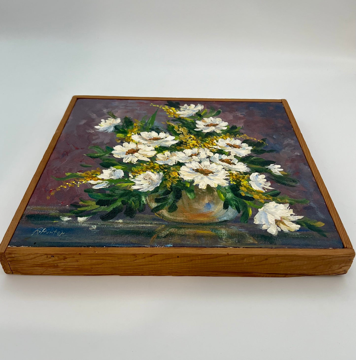 "WHITE FLOWERS" ORIGINAL ACRYLIC PAINTING BY RUTH HUNTER, 1976