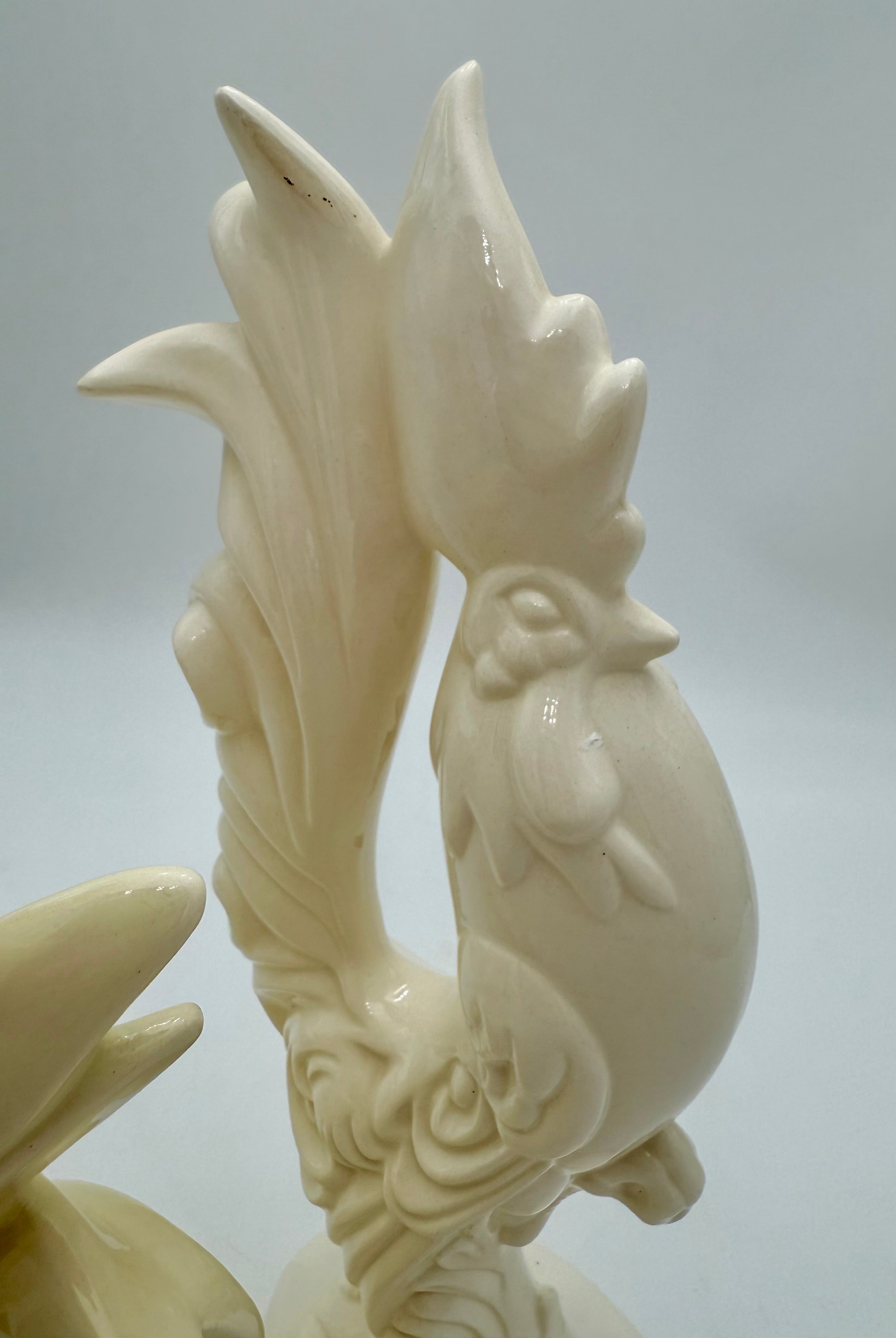 VINTAGE CERAMIC ROOSTER AND HEN FIGURINES • CREAM HOLLYWOOD REGENCY DECOR • SCULPTURAL MID CENTURY PAIR