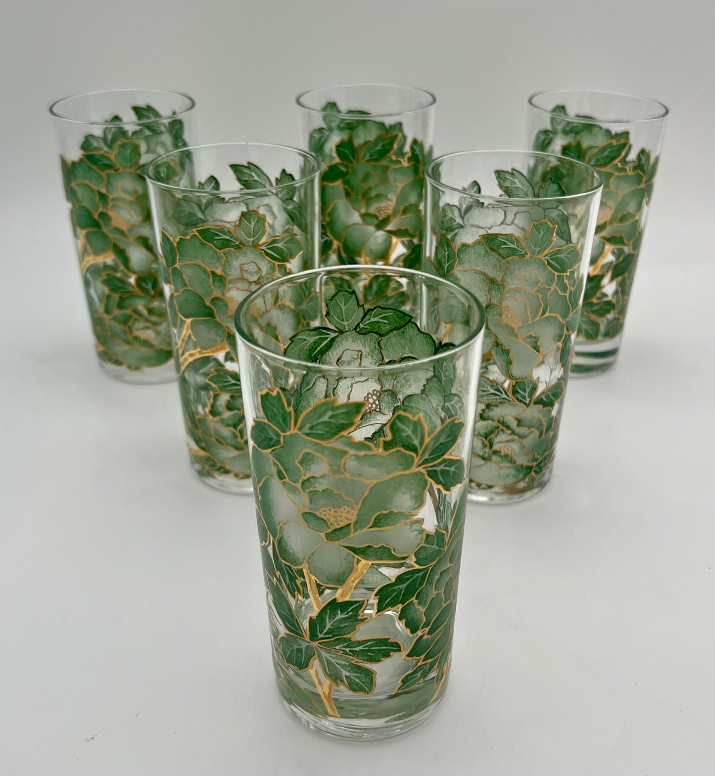 VINTAGE HAZEL ATLAS GREEN AND GOLD FLORAL GLASSES, SET OF 6