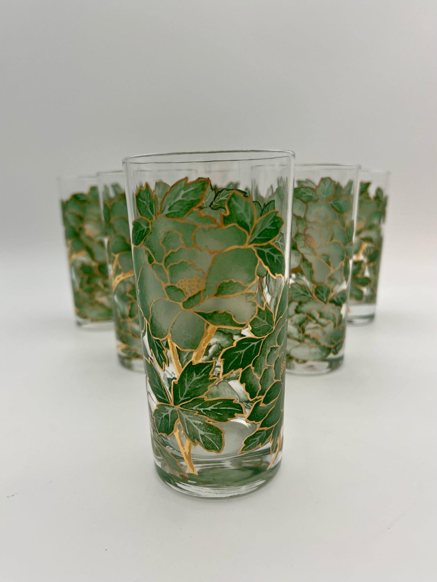 VINTAGE HAZEL ATLAS GREEN AND GOLD FLORAL GLASSES, SET OF 6