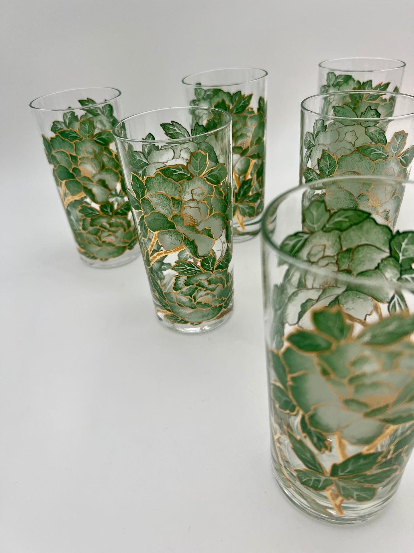VINTAGE HAZEL ATLAS GREEN AND GOLD FLORAL GLASSES, SET OF 6
