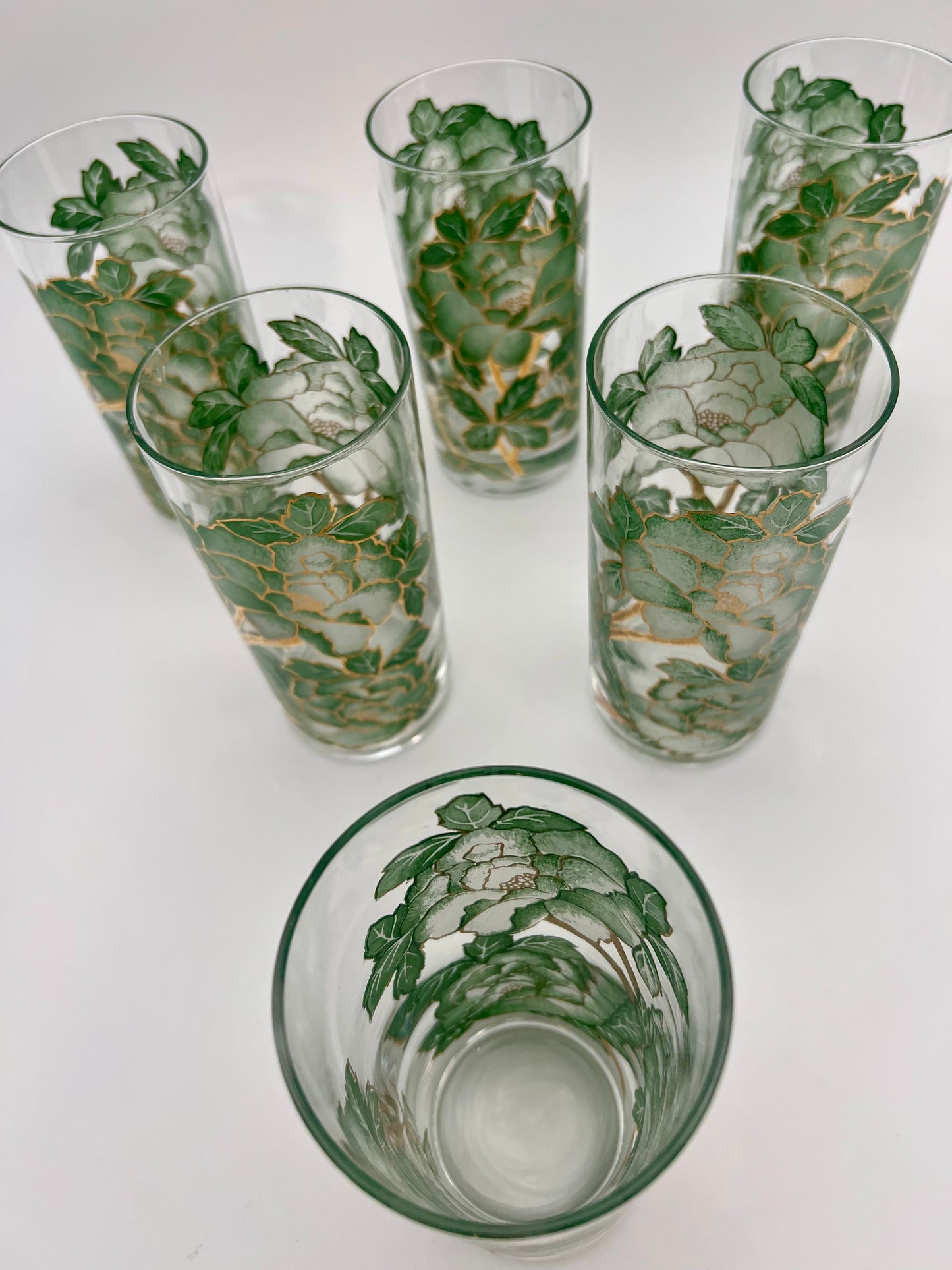 VINTAGE HAZEL ATLAS GREEN AND GOLD FLORAL GLASSES, SET OF 6