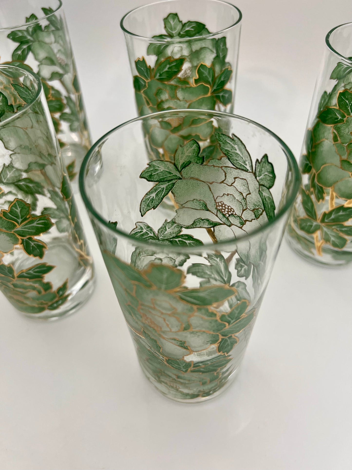 VINTAGE HAZEL ATLAS GREEN AND GOLD FLORAL GLASSES, SET OF 6