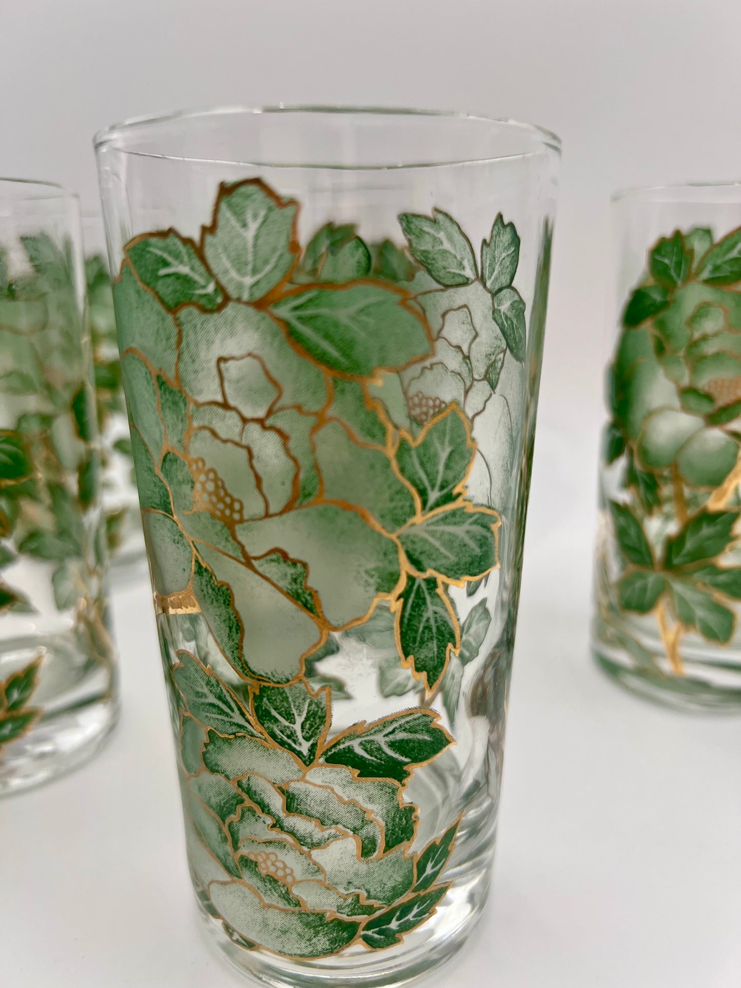 VINTAGE HAZEL ATLAS GREEN AND GOLD FLORAL GLASSES, SET OF 6