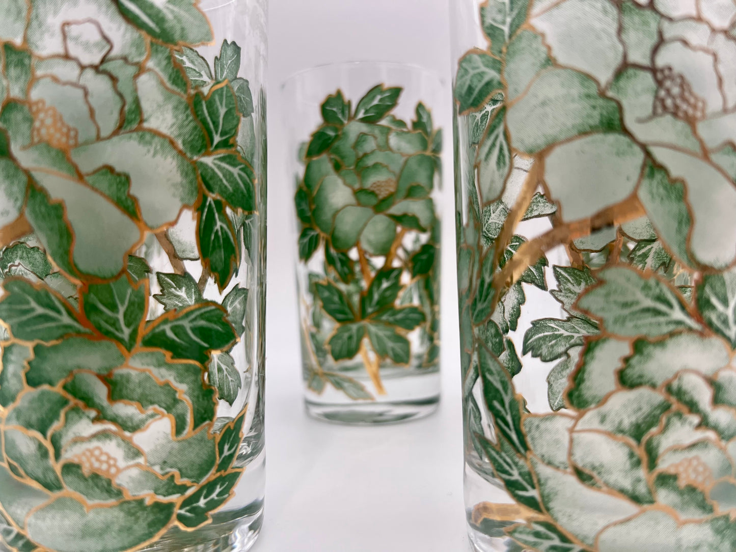VINTAGE HAZEL ATLAS GREEN AND GOLD FLORAL GLASSES, SET OF 6