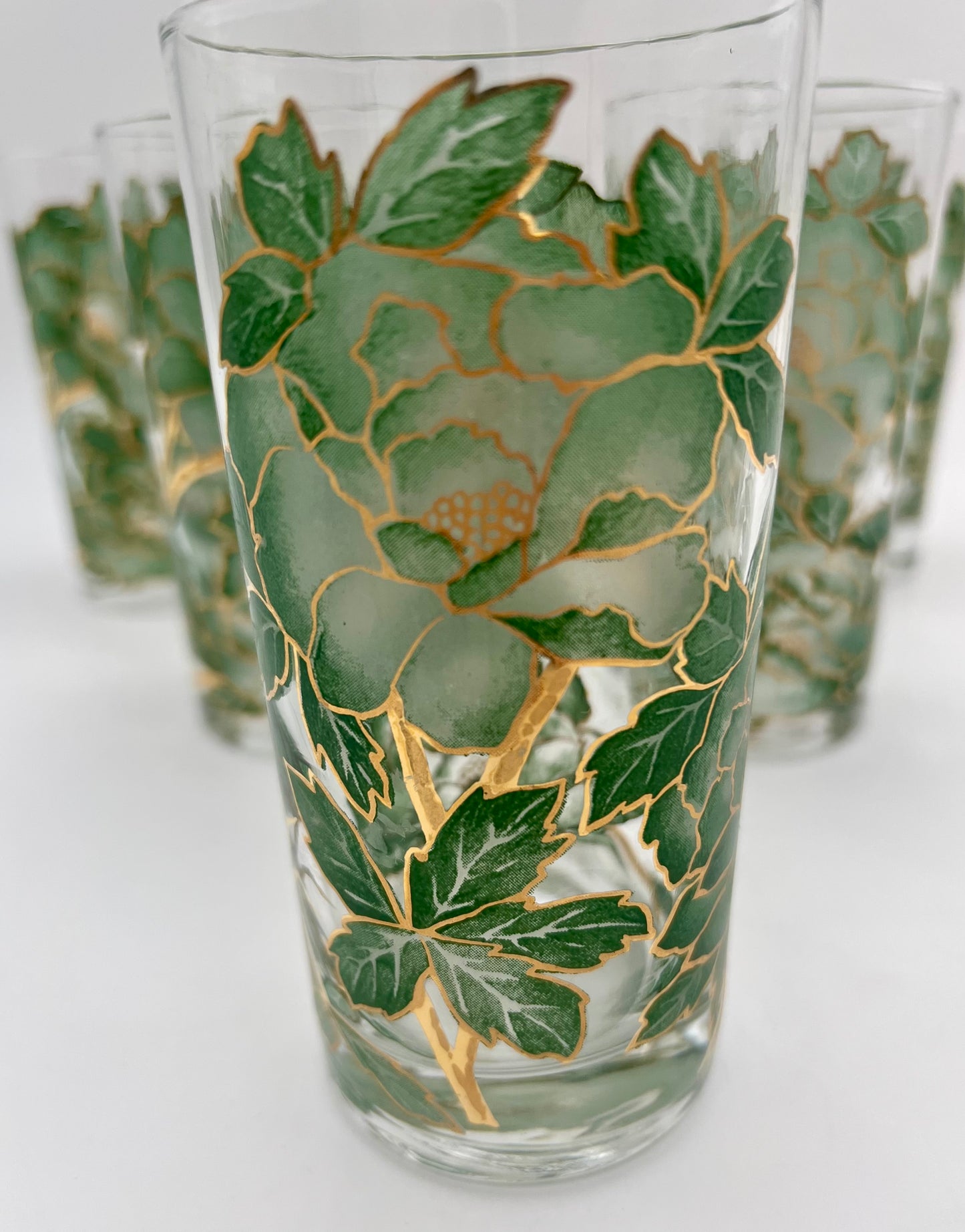 VINTAGE HAZEL ATLAS GREEN AND GOLD FLORAL GLASSES, SET OF 6