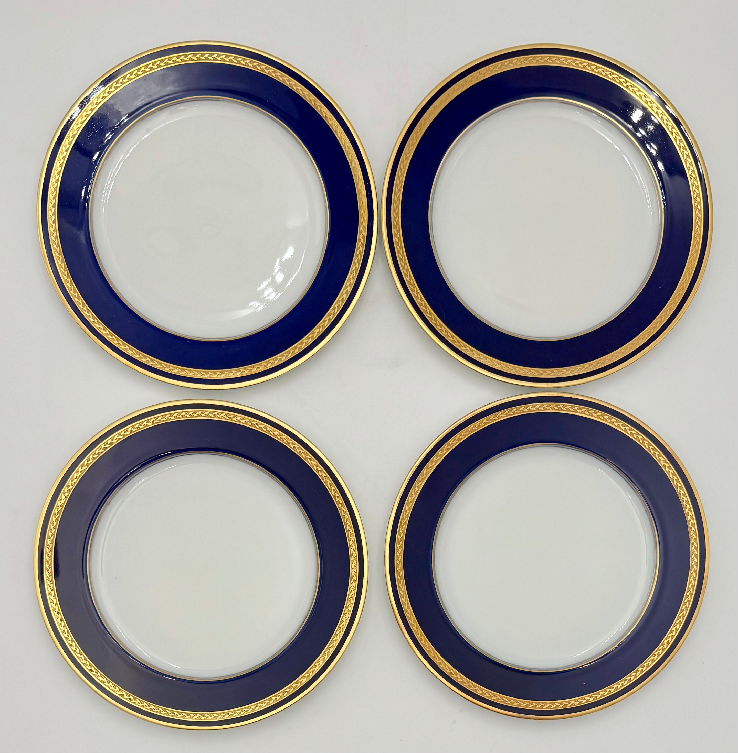 VINTAGE HUTSCHENREUTHER MONARCH COBALT BLUE & GOLD BREAD PLATES – GERMAN PORCELAIN – SET OF FOUR – 7.5 INCH