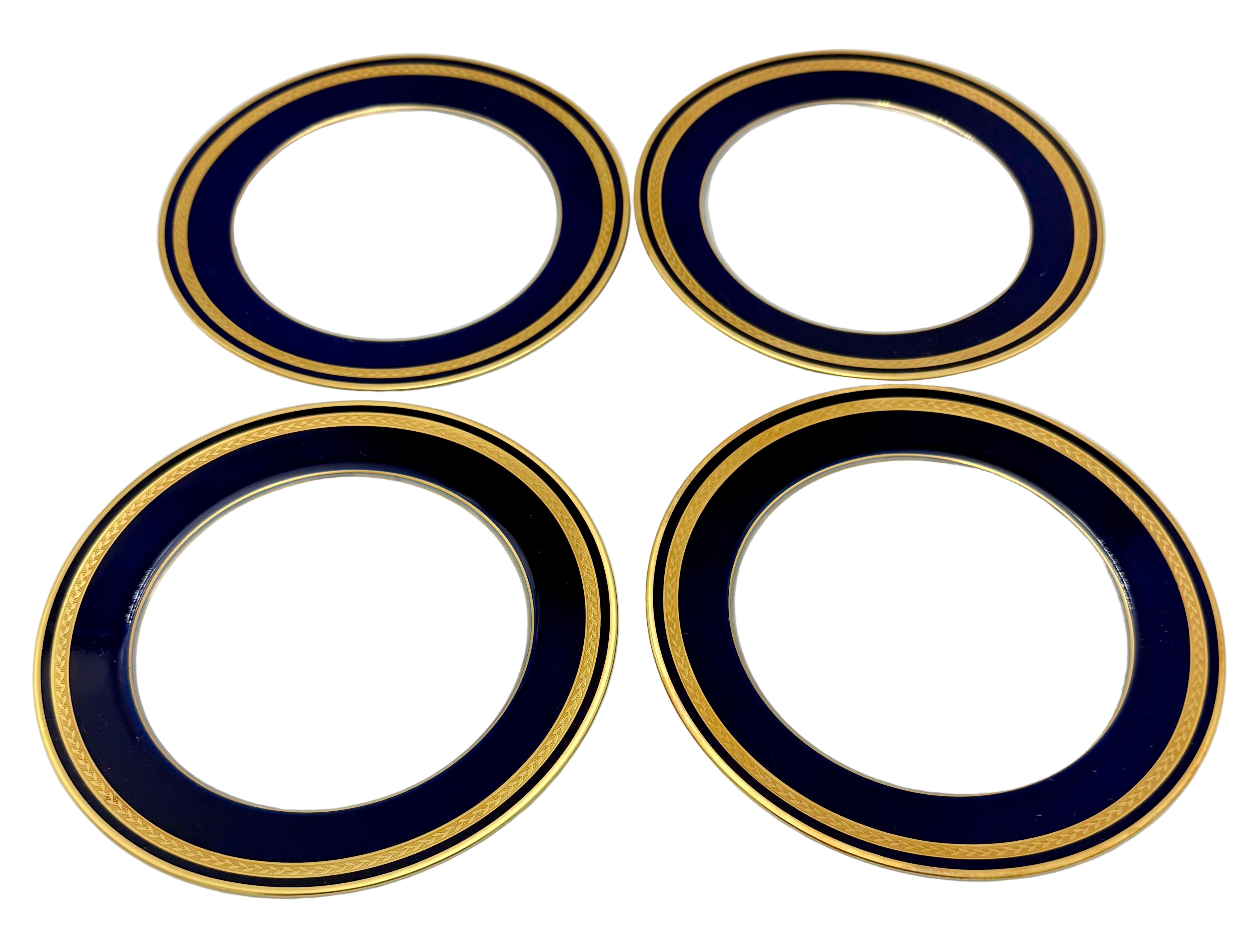 VINTAGE HUTSCHENREUTHER MONARCH COBALT BLUE & GOLD BREAD PLATES – GERMAN PORCELAIN – SET OF FOUR – 7.5 INCH