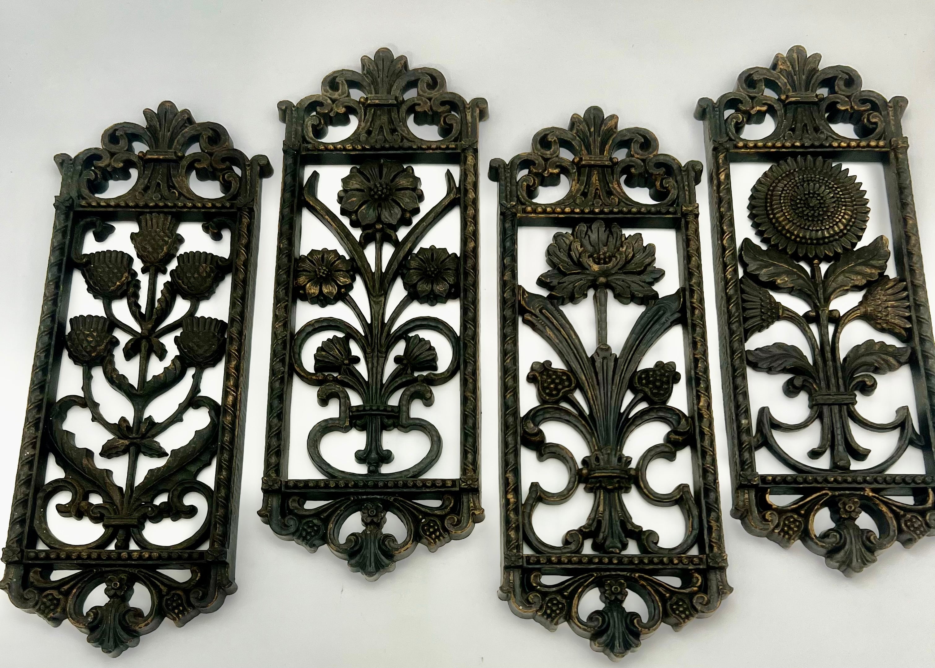 SET OF 4 BURWOOD 1960s–70s FLORAL WALL PLAQUES – GOTHIC REVIVAL PANELS – 16” TALL