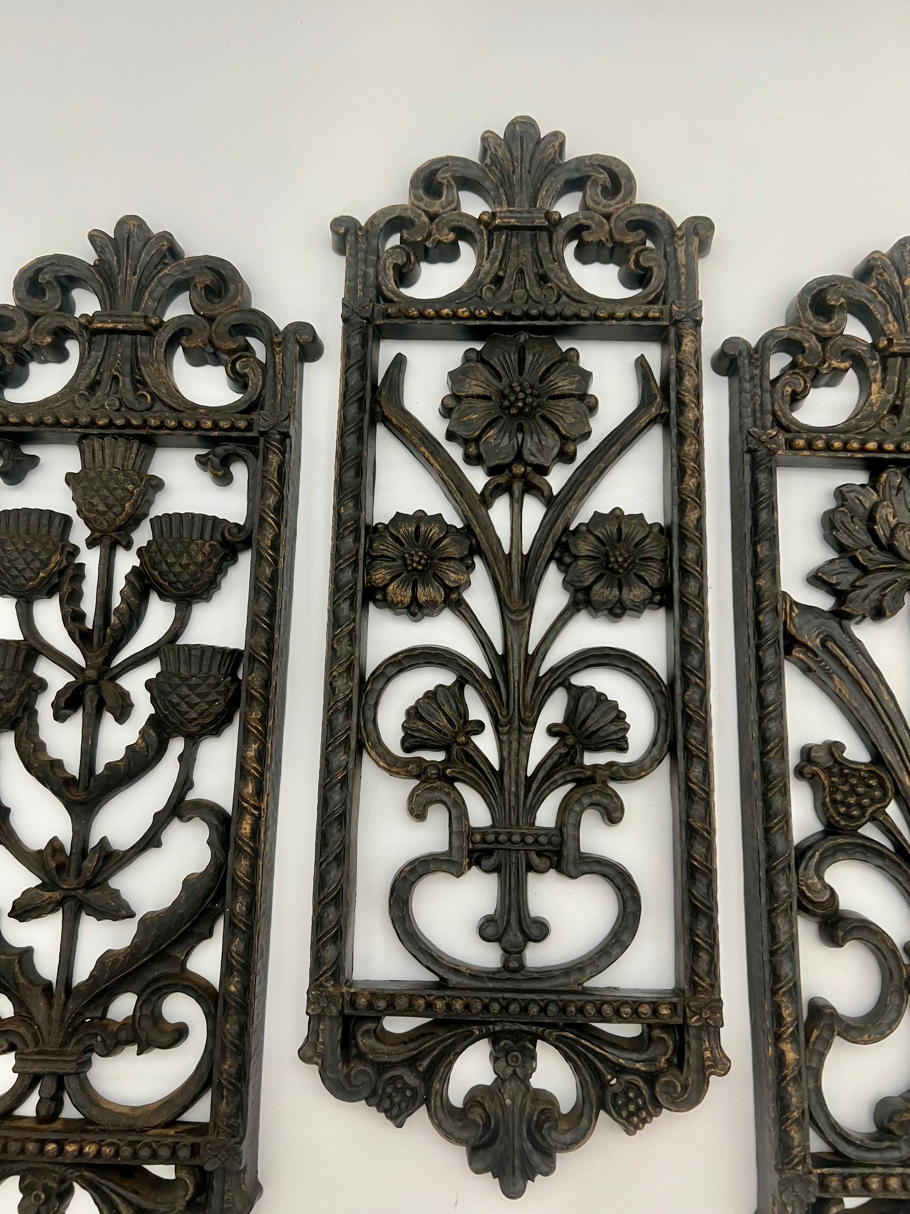 SET OF 4 BURWOOD 1960s–70s FLORAL WALL PLAQUES – GOTHIC REVIVAL PANELS – 16” TALL