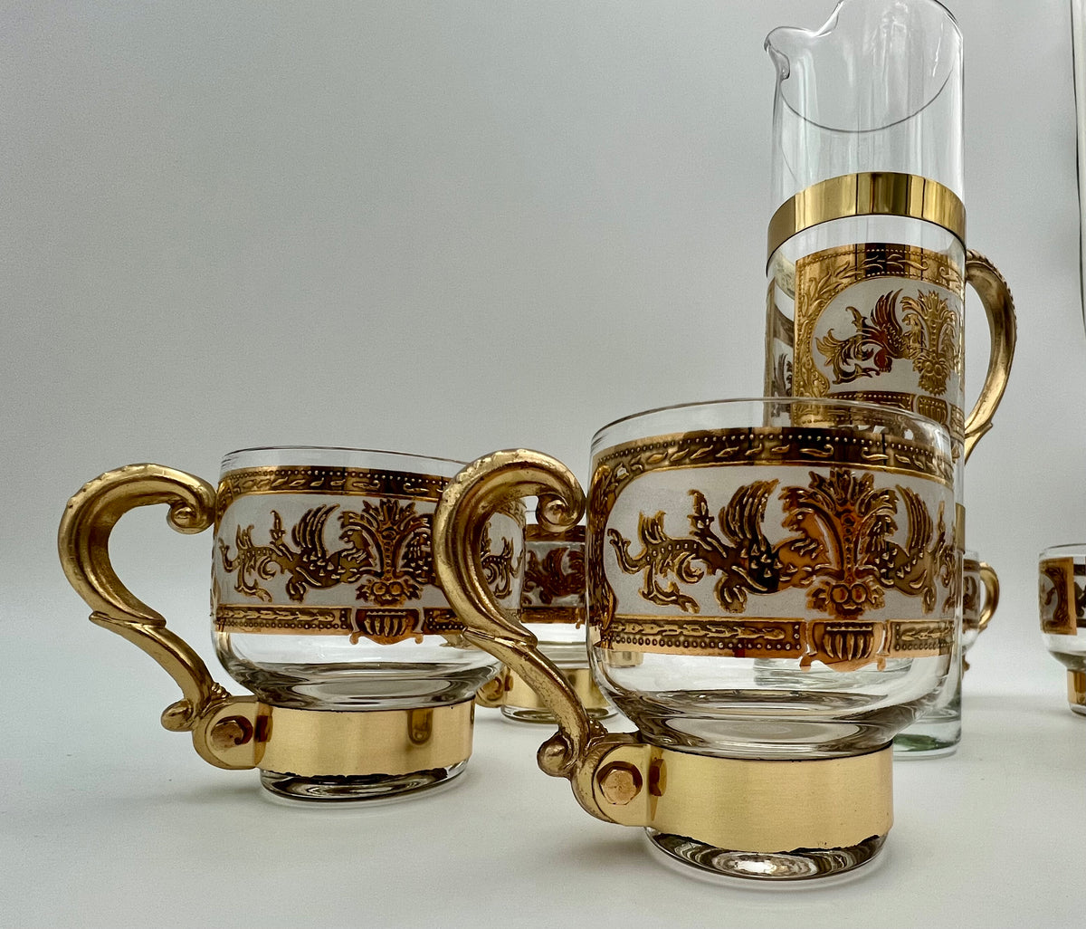 VINTAGE CULVER RENAISSANCE BRASS MOUNTED PITCHER SET 22K GOLD SCROLL MID CENTURY HOLLYWOOD REGENCY