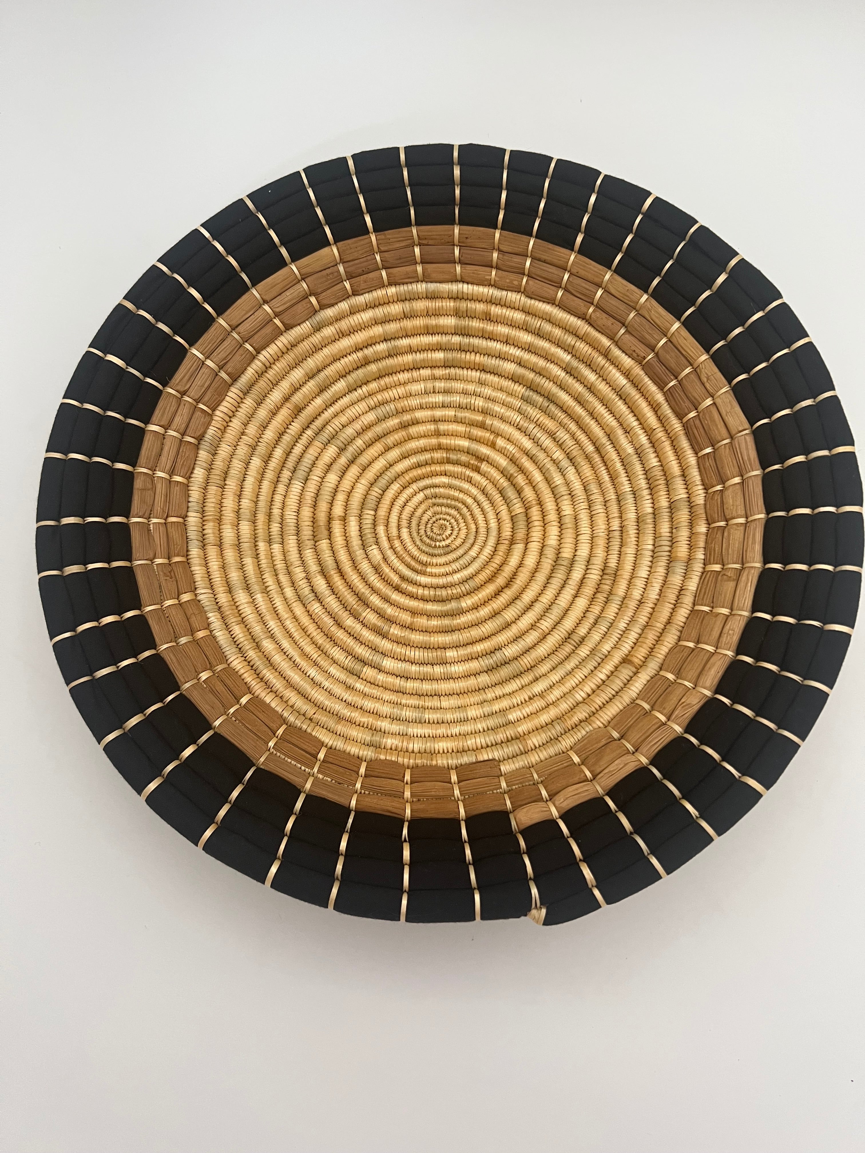 SET OF THREE VINTAGE BOHO AFRICAN WOVEN WALL PLATES – TANZANIA HANDMADE "MAUA" PATTERN