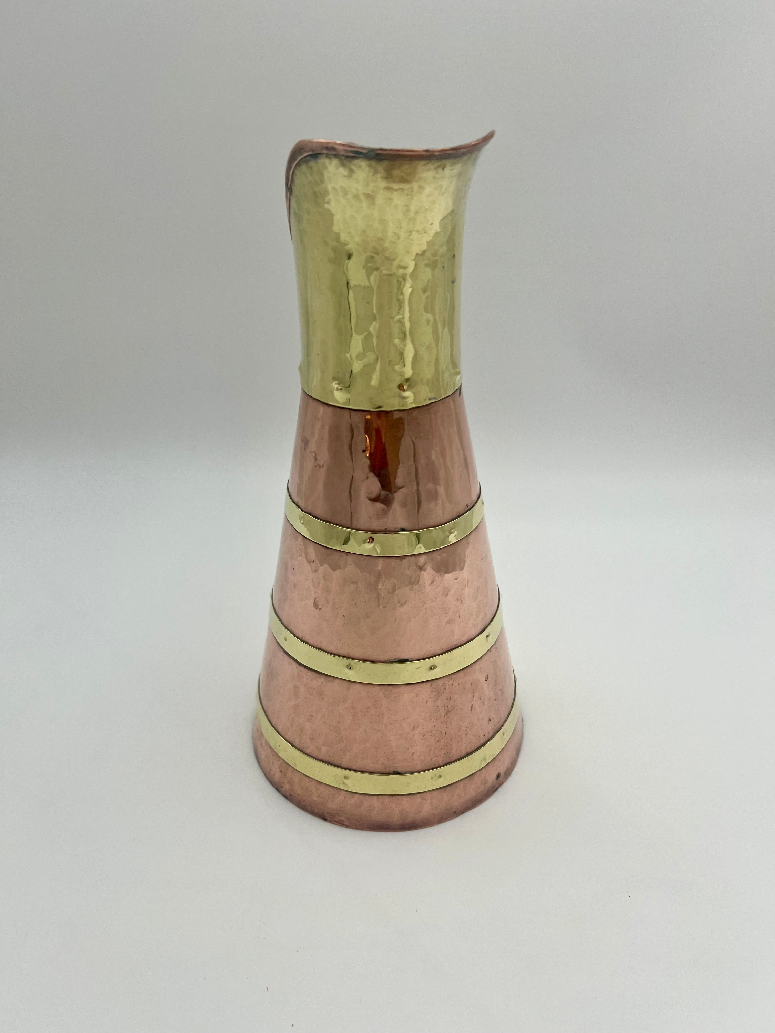 VINTAGE ENGLISH STYLE HAMMERED COPPER & BRASS PITCHER – 11.5 INCH TALL WATER EWER WITH RIVETED BANDS – ARTS & CRAFTS DECOR
