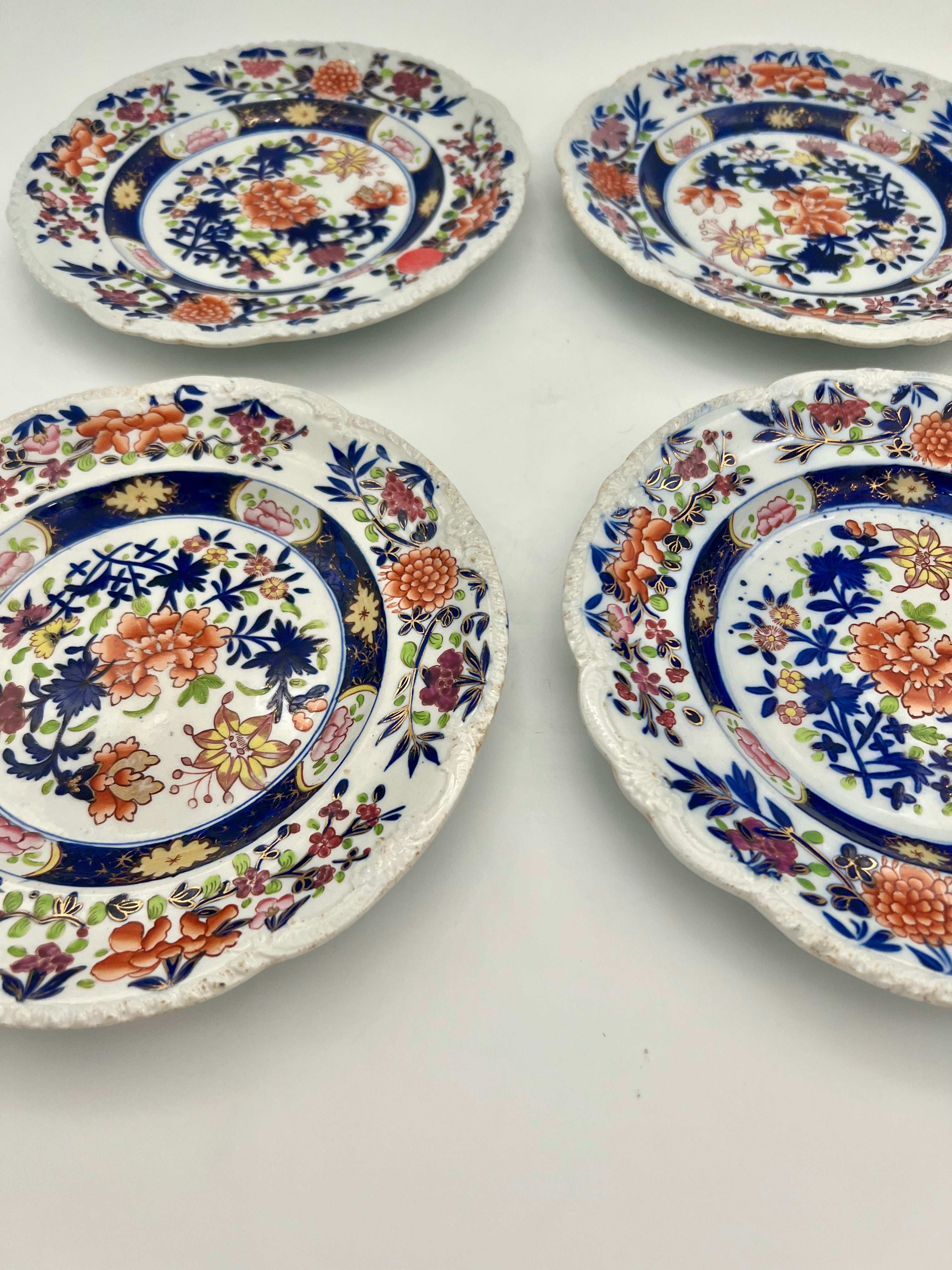 ANTIQUE MASON’S IRONSTONE IMARI STYLE HAND PAINTED DESSERT PLATES – SET OF 4 – REGENCY ERA ENGLISH CHINA – CIRCA 1815–1835