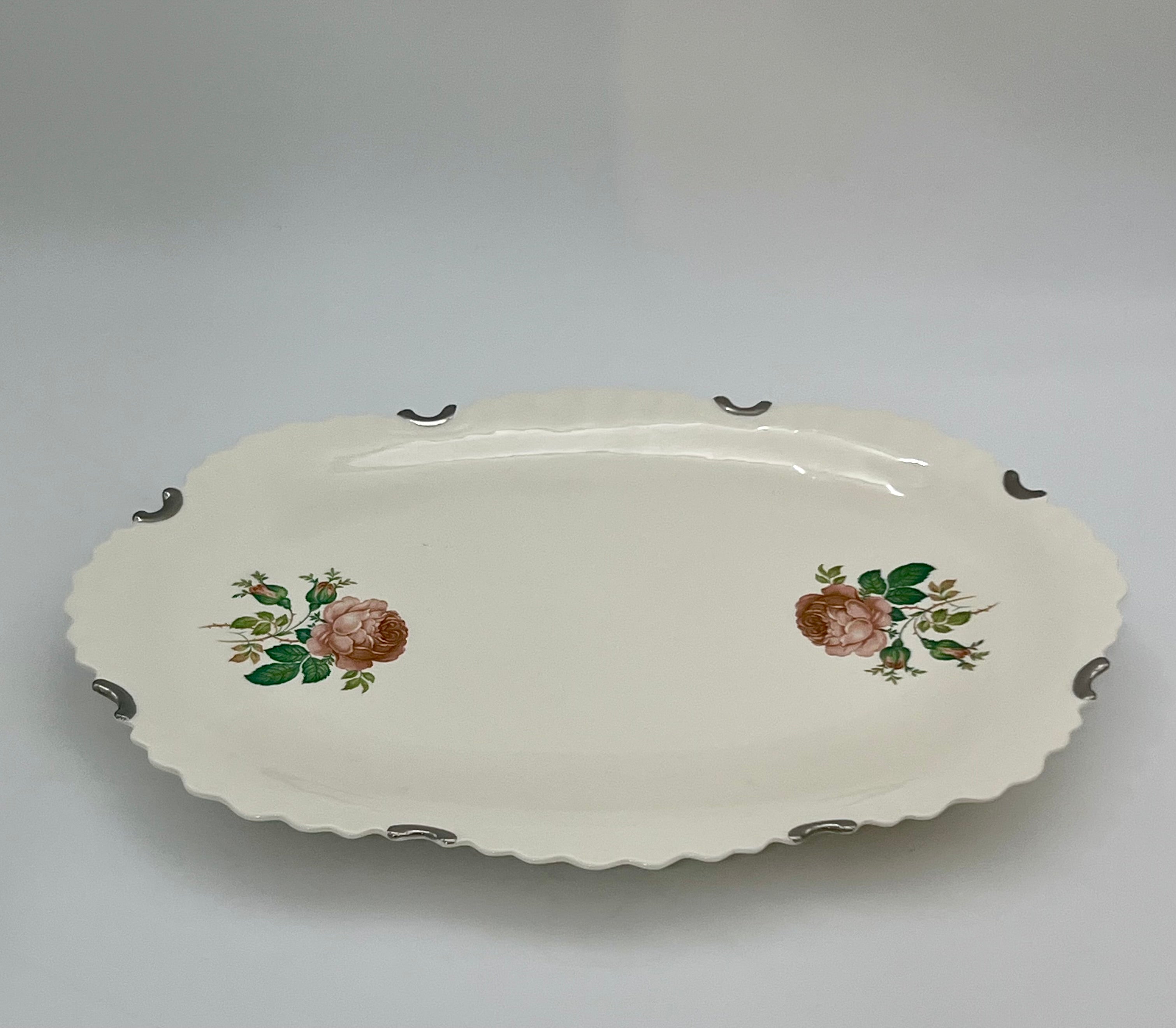 VINTAGE ROSE FLORAL SCALLOPED OVAL SERVING PLATTER WITH SILVER TONE RIM MOUNTS | SHABBY CHIC COTTAGE DECOR