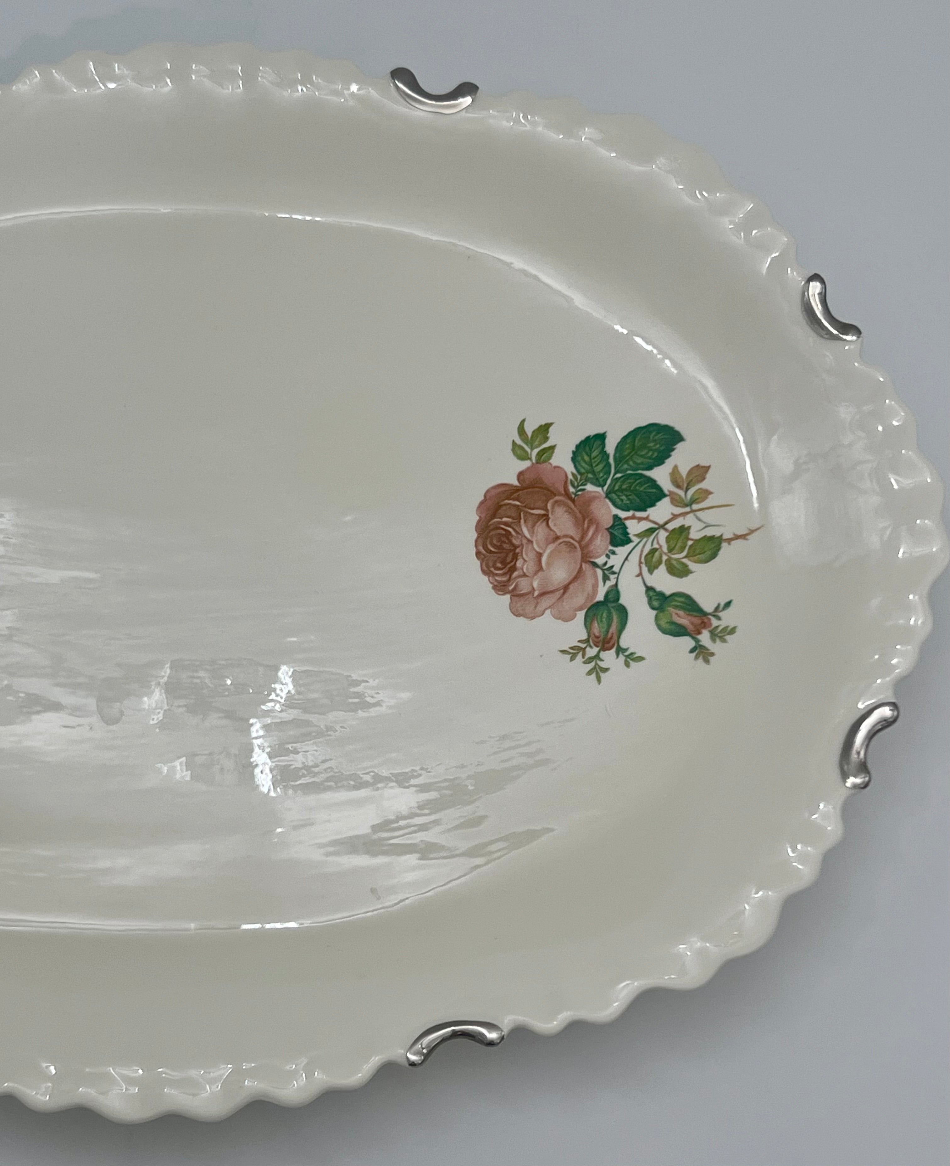 VINTAGE ROSE FLORAL SCALLOPED OVAL SERVING PLATTER WITH SILVER TONE RIM MOUNTS | SHABBY CHIC COTTAGE DECOR