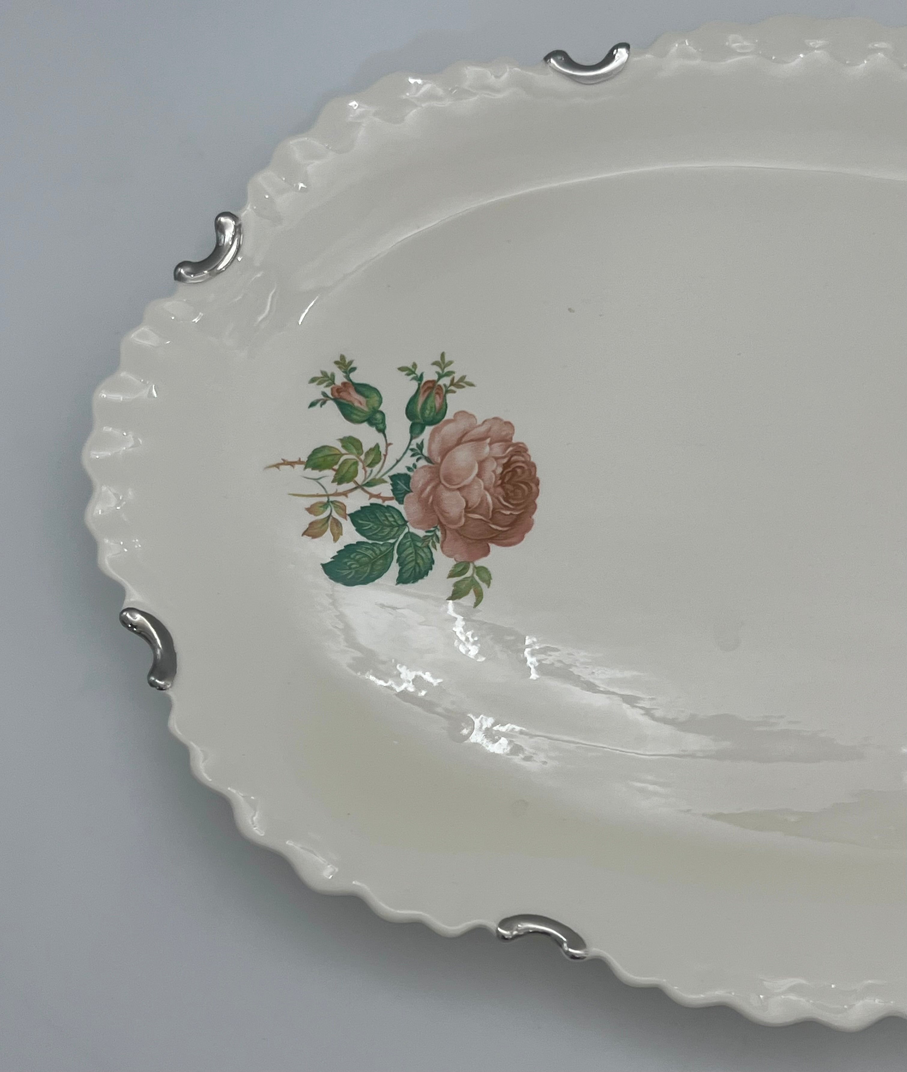 VINTAGE ROSE FLORAL SCALLOPED OVAL SERVING PLATTER WITH SILVER TONE RIM MOUNTS | SHABBY CHIC COTTAGE DECOR