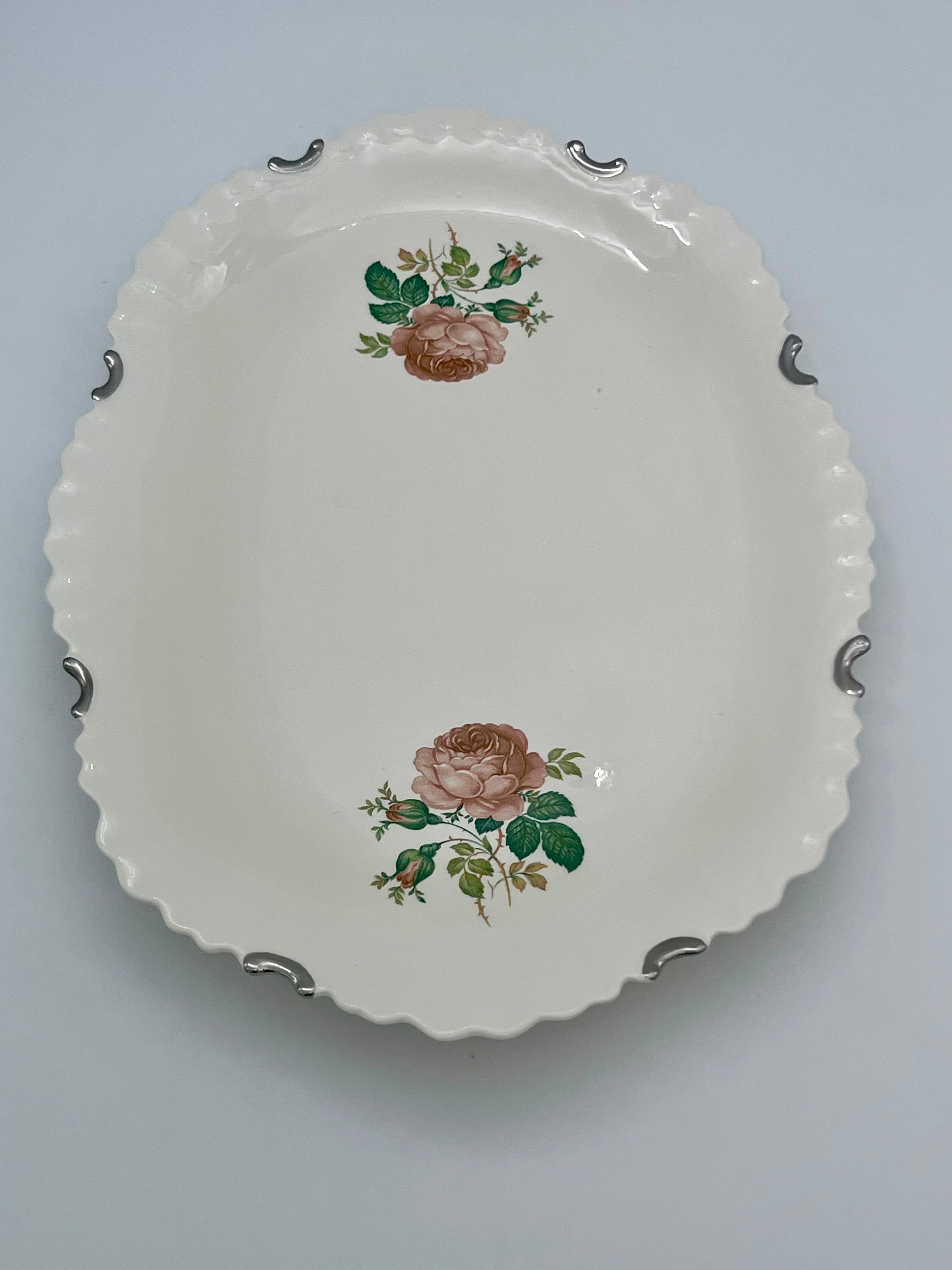 VINTAGE ROSE FLORAL SCALLOPED OVAL SERVING PLATTER WITH SILVER TONE RIM MOUNTS | SHABBY CHIC COTTAGE DECOR