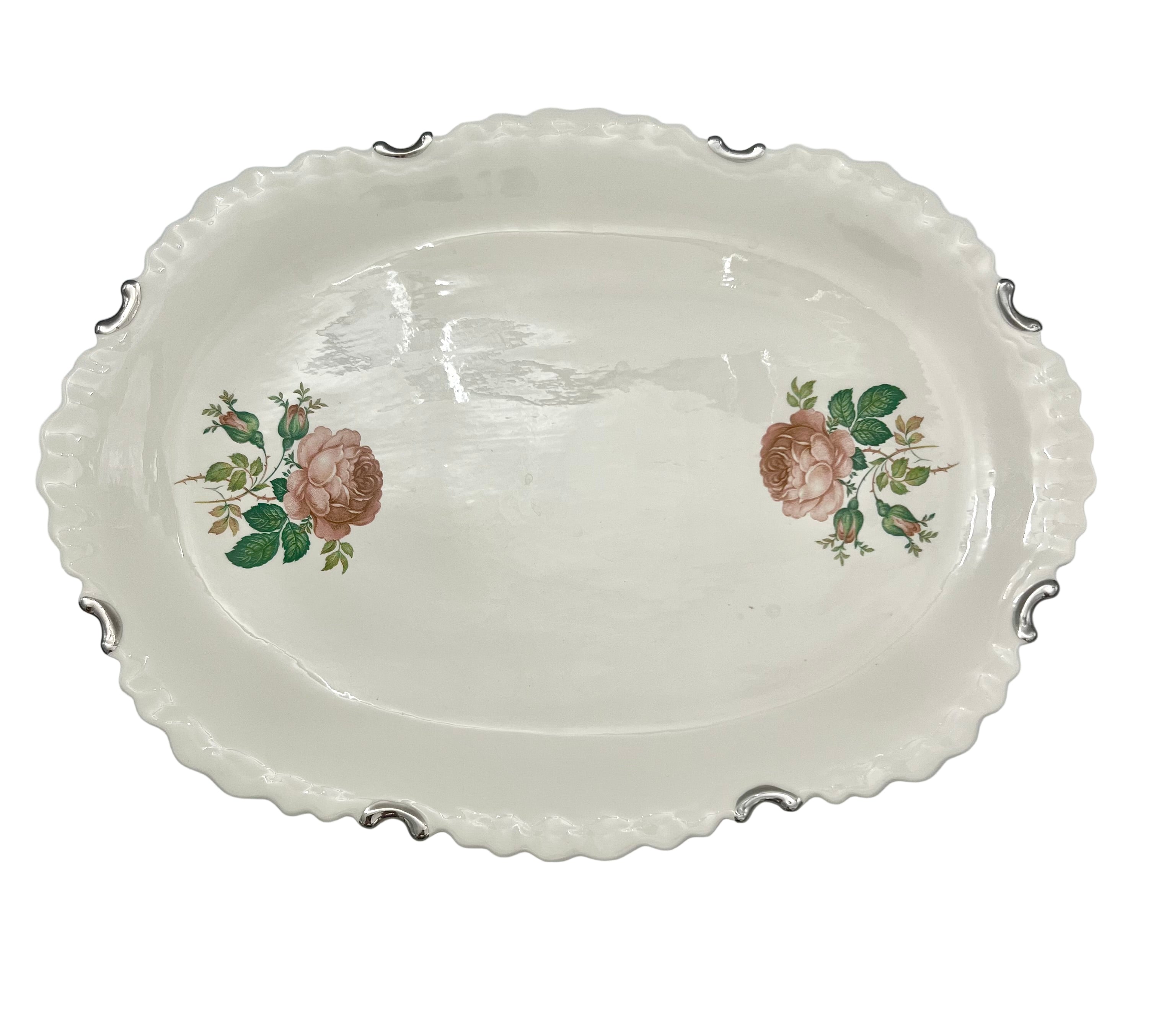 VINTAGE ROSE FLORAL SCALLOPED OVAL SERVING PLATTER WITH SILVER TONE RIM MOUNTS | SHABBY CHIC COTTAGE DECOR