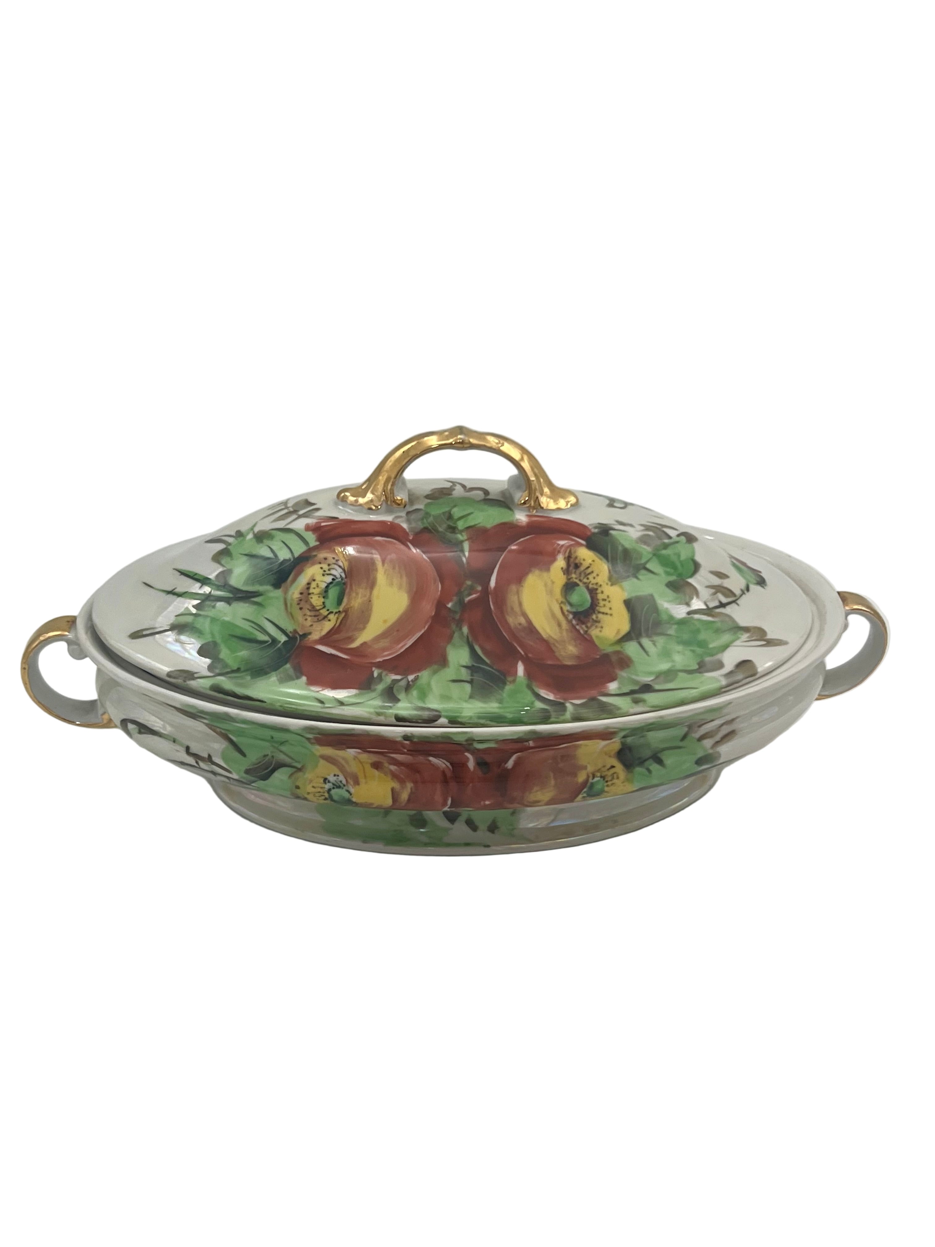VINTAGE Z.S. & C. BAVARIA HAND PAINTED FLORAL COVERED VEGETABLE DISH TUREEN WITH GOLD HANDLES – MID CENTURY GERMAN PORCELAIN