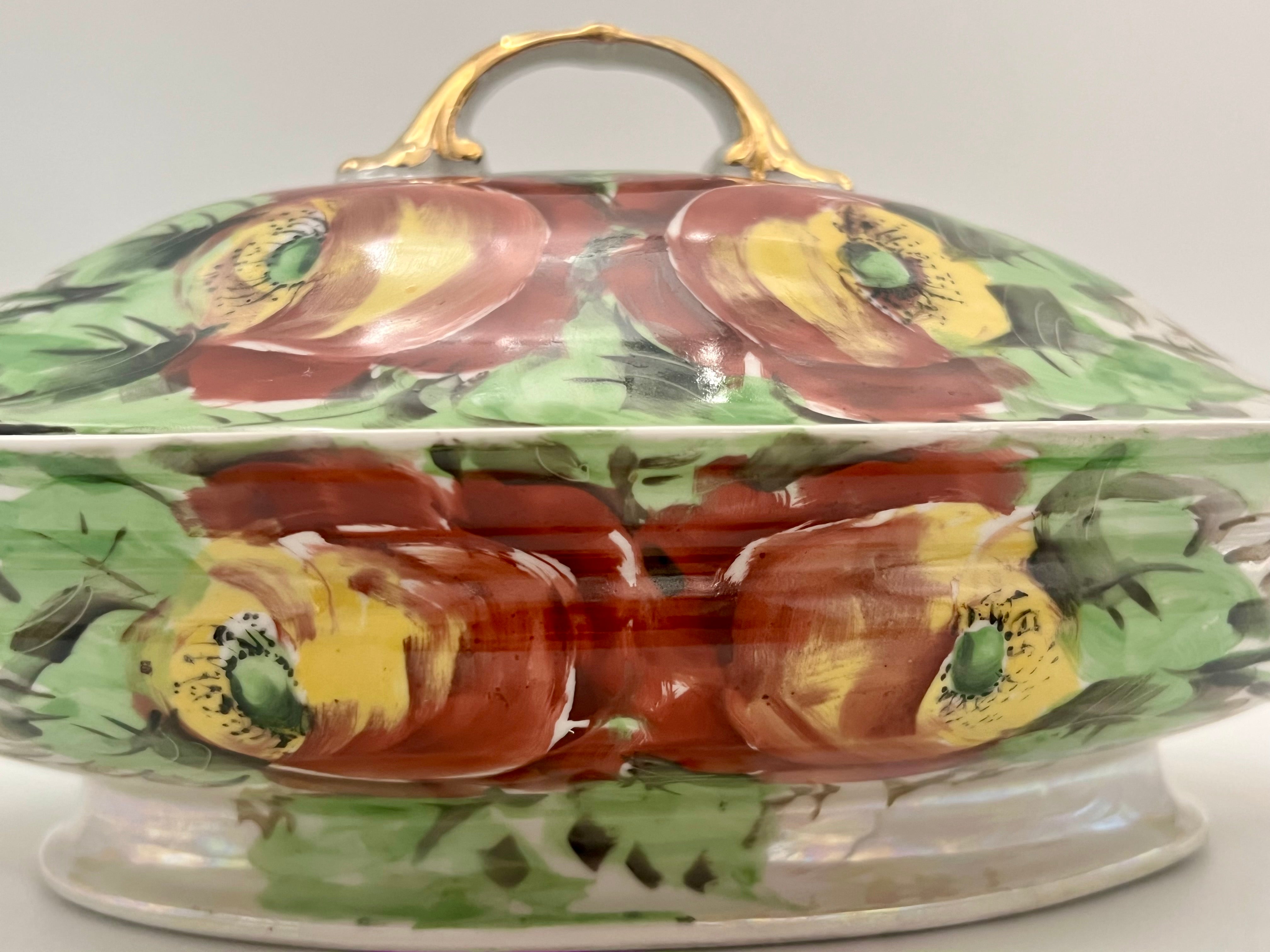 VINTAGE Z.S. & C. BAVARIA HAND PAINTED FLORAL COVERED VEGETABLE DISH TUREEN WITH GOLD HANDLES – MID CENTURY GERMAN PORCELAIN