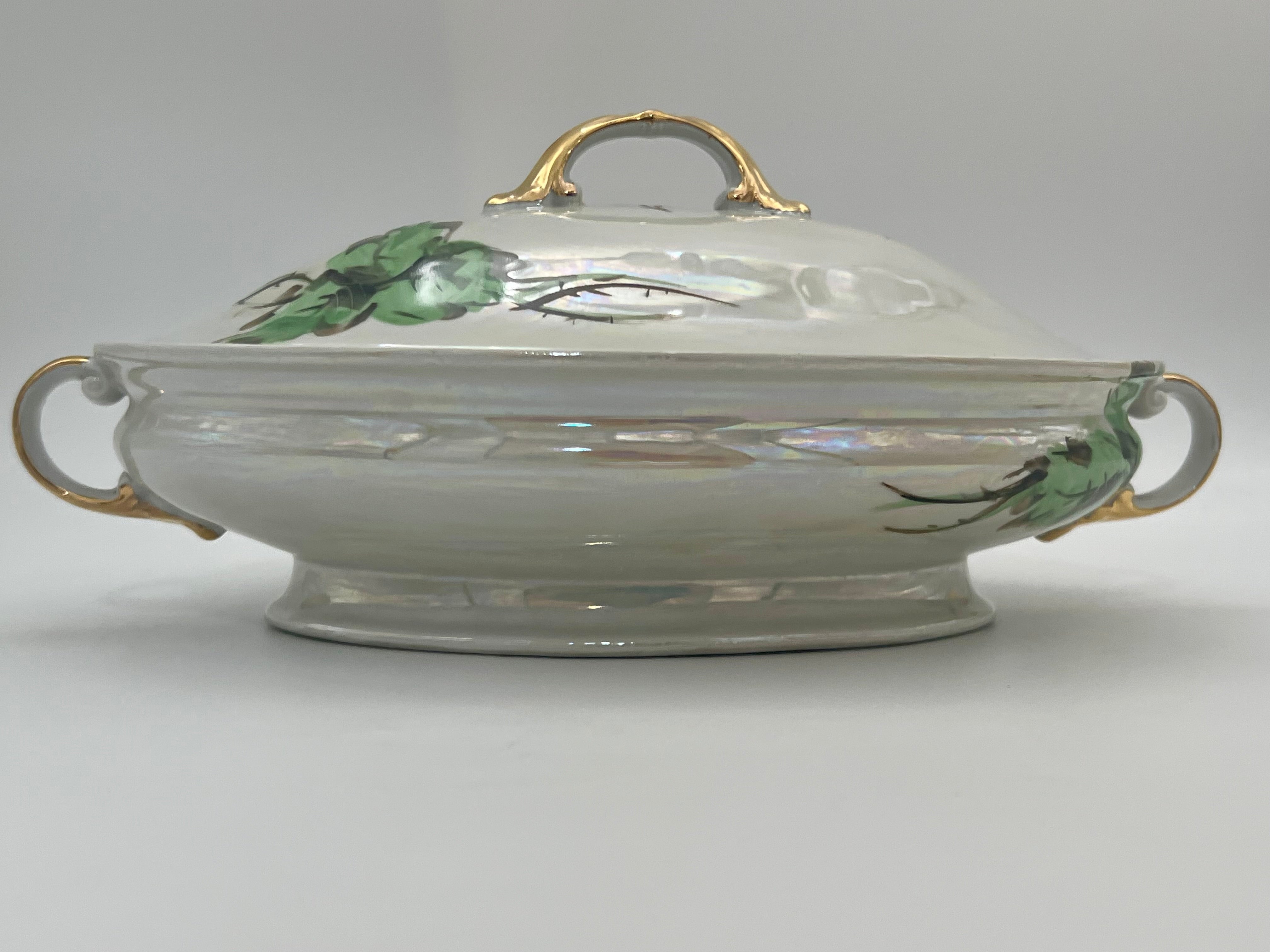 VINTAGE Z.S. & C. BAVARIA HAND PAINTED FLORAL COVERED VEGETABLE DISH TUREEN WITH GOLD HANDLES – MID CENTURY GERMAN PORCELAIN