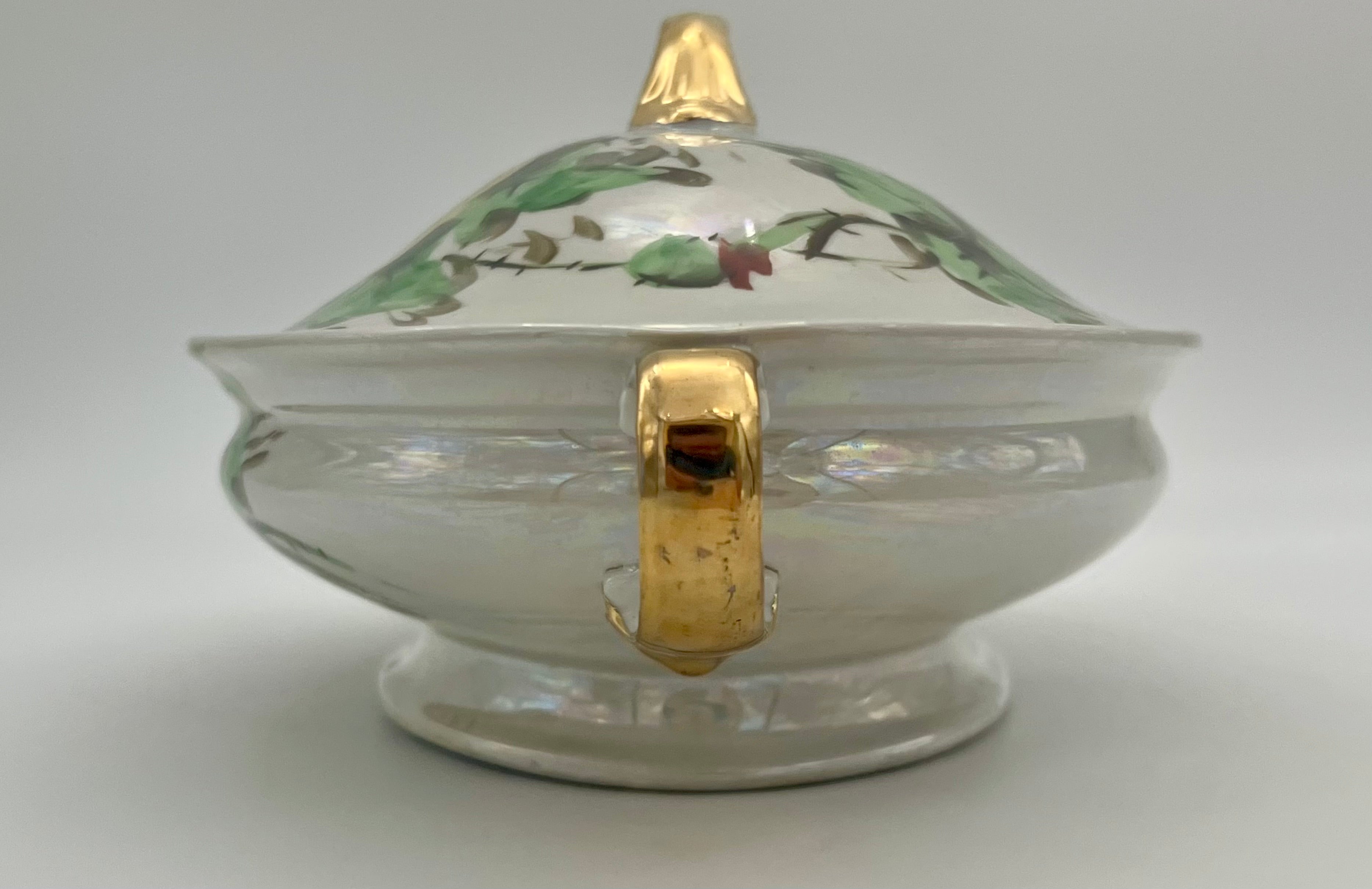 VINTAGE Z.S. & C. BAVARIA HAND PAINTED FLORAL COVERED VEGETABLE DISH TUREEN WITH GOLD HANDLES – MID CENTURY GERMAN PORCELAIN