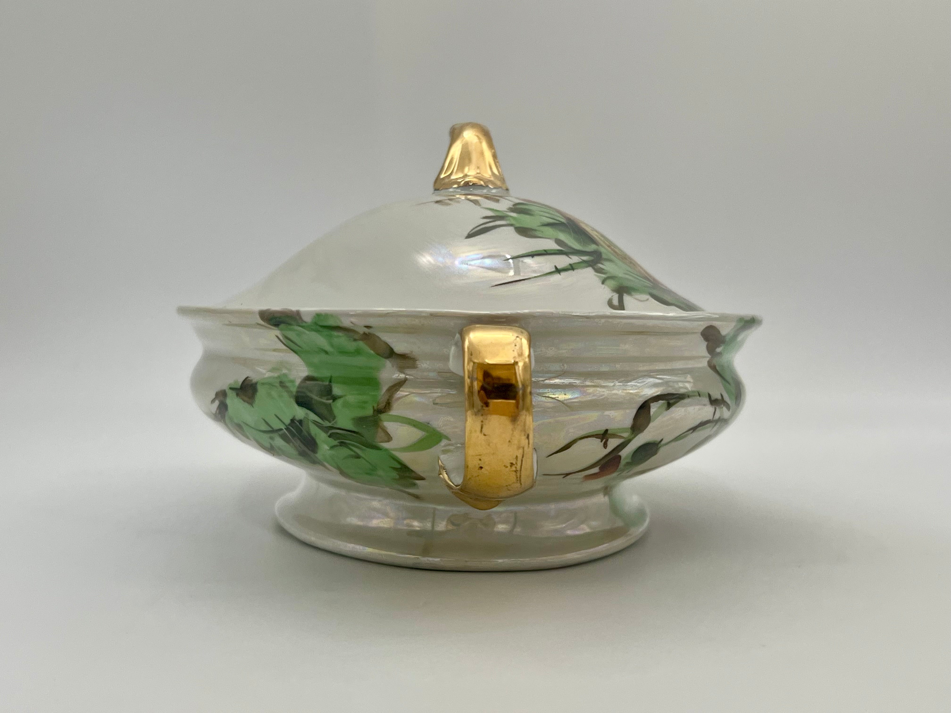 VINTAGE Z.S. & C. BAVARIA HAND PAINTED FLORAL COVERED VEGETABLE DISH TUREEN WITH GOLD HANDLES – MID CENTURY GERMAN PORCELAIN