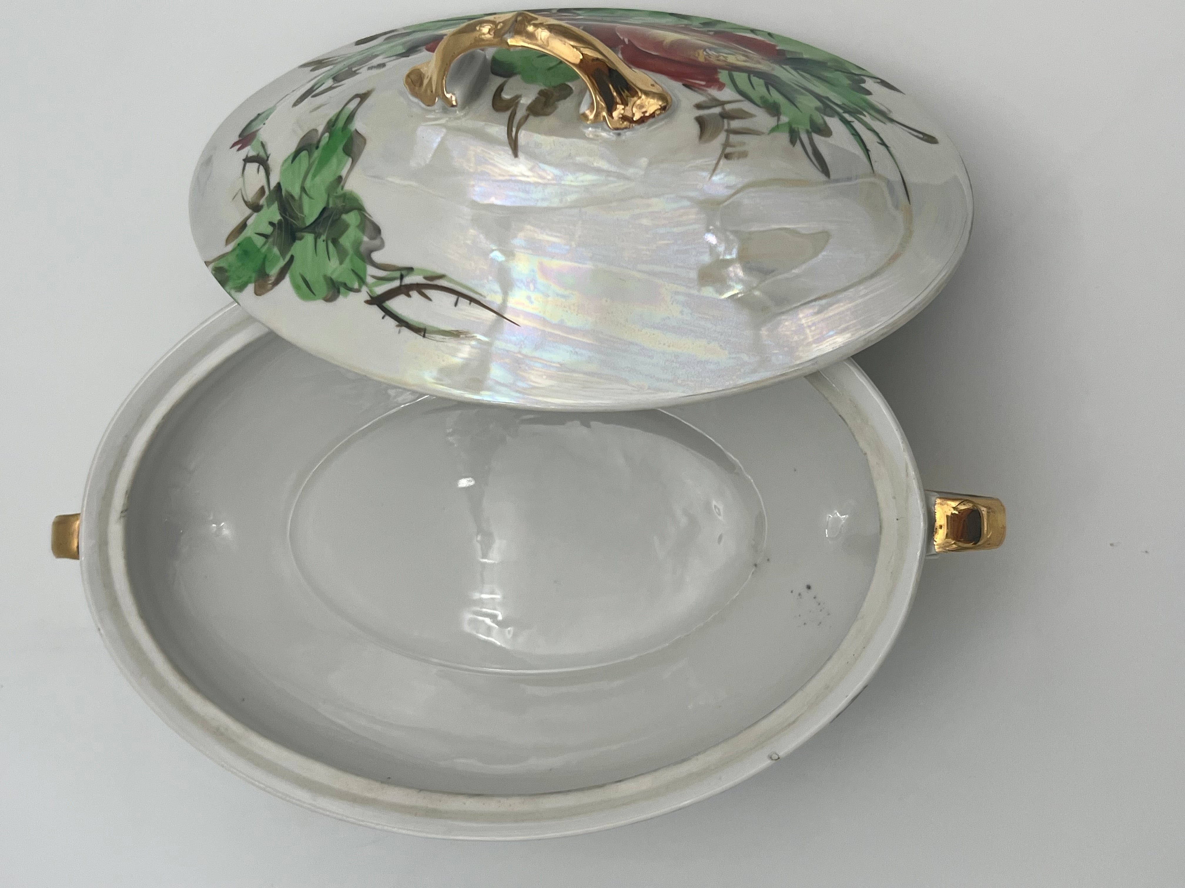 VINTAGE Z.S. & C. BAVARIA HAND PAINTED FLORAL COVERED VEGETABLE DISH TUREEN WITH GOLD HANDLES – MID CENTURY GERMAN PORCELAIN