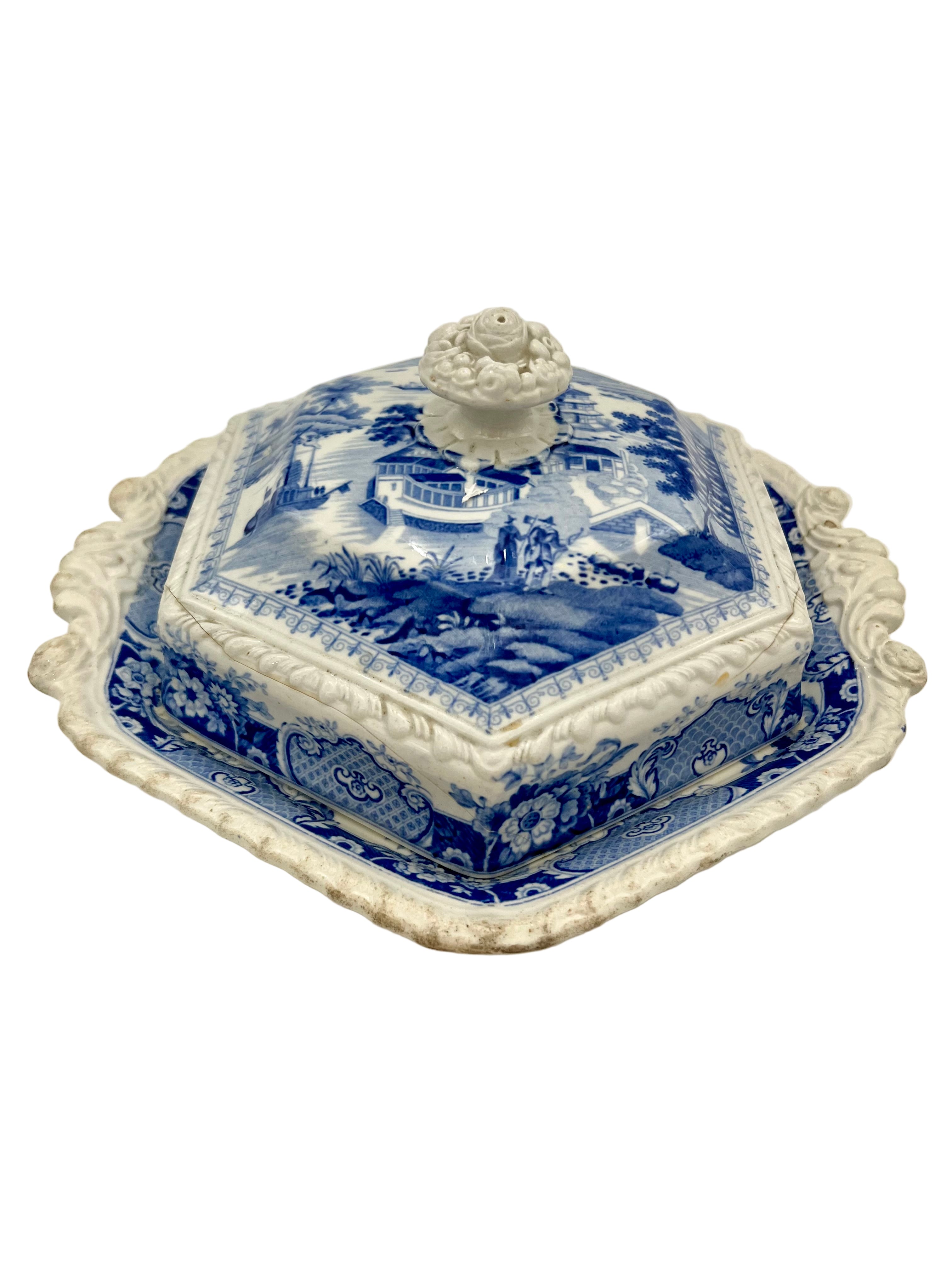 ANTIQUE STAFFORDSHIRE BLUE & WHITE COVERED TUREEN – “INDIAN TEMPLE” PATTERN JWR STONE CHINA C.1830s