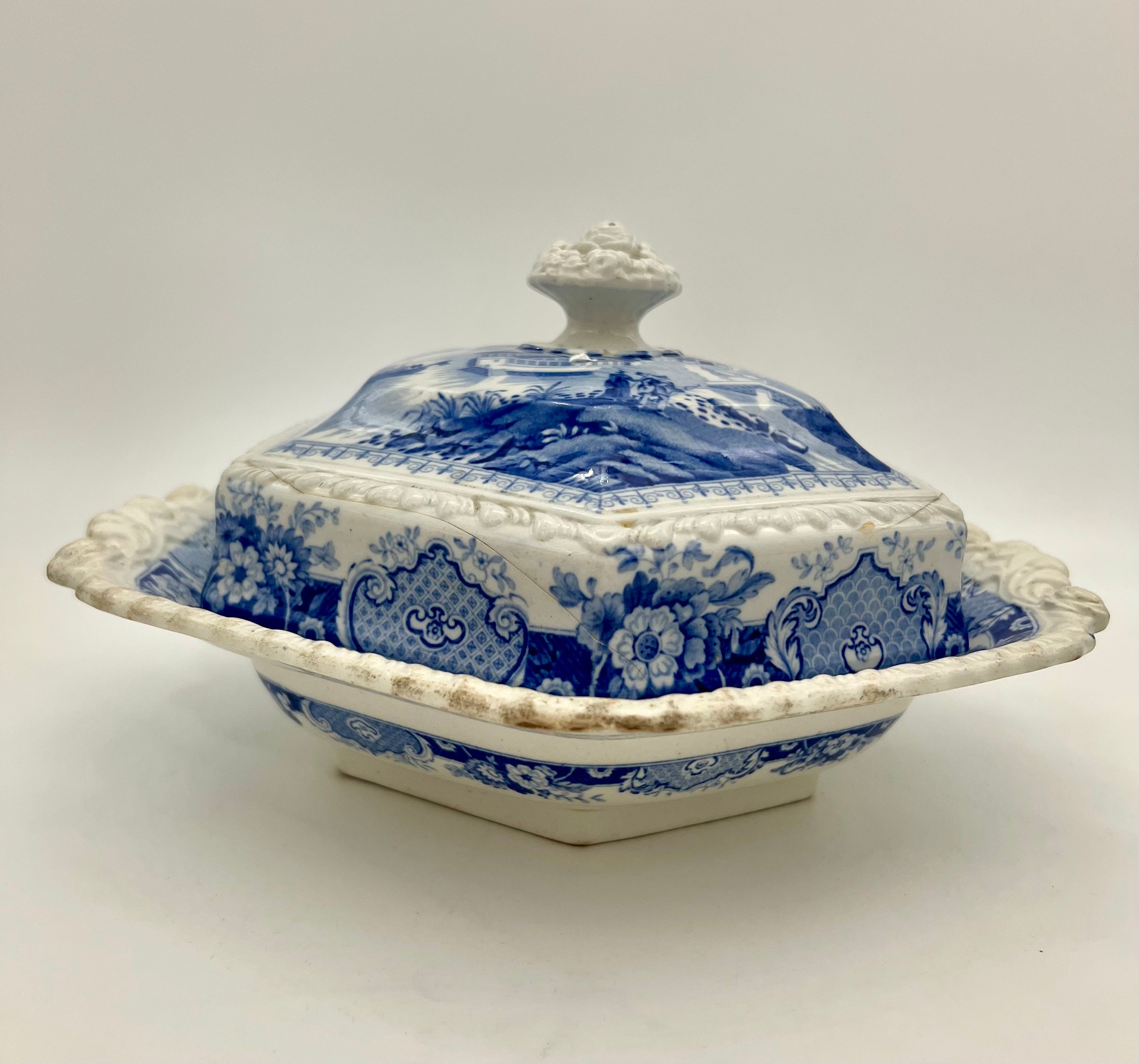 ANTIQUE STAFFORDSHIRE BLUE & WHITE COVERED TUREEN – “INDIAN TEMPLE” PATTERN JWR STONE CHINA C.1830s