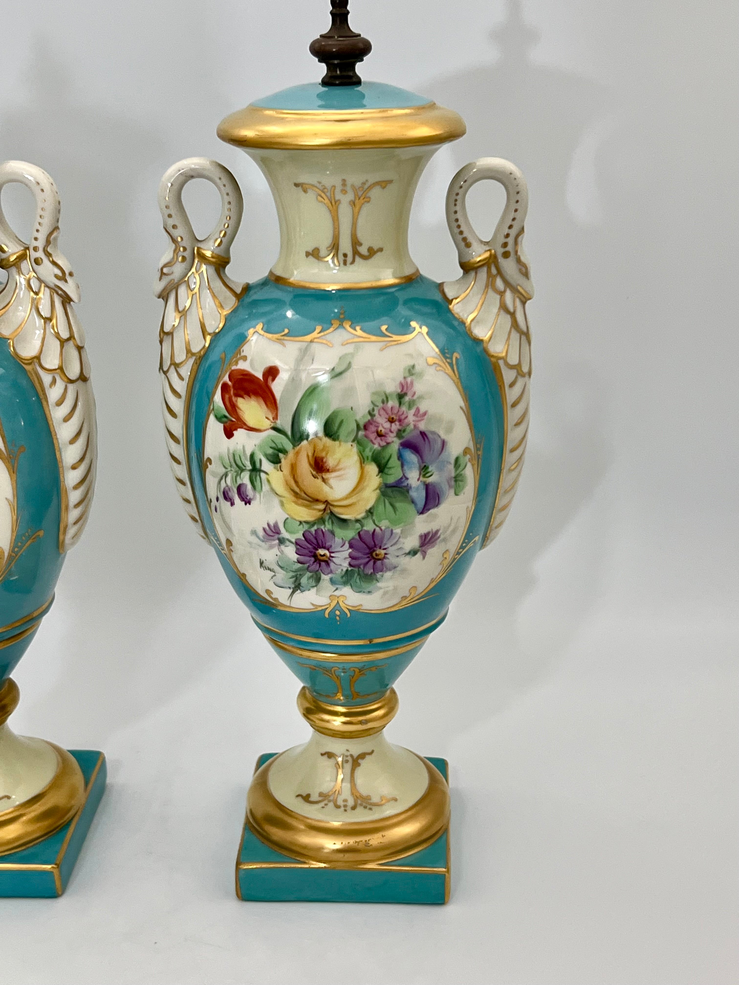 PAIR OF 19TH CENTURY LIMOGES SWAN-HANDLE URN VASES WITH LIDS – TURQUOISE & GOLD OLD PARIS STYLE, HAND-PAINTED FLORAL CARTOUCHES