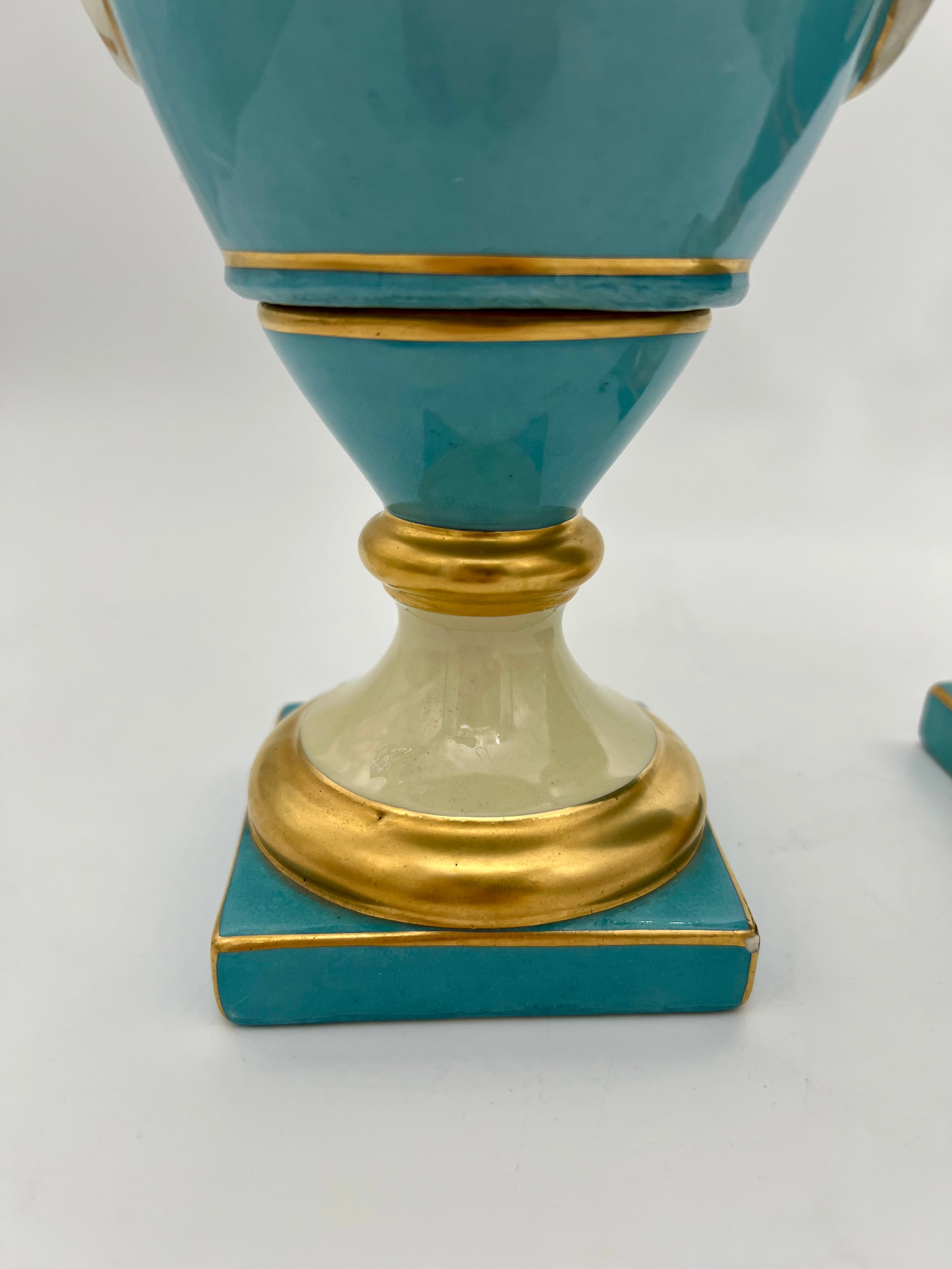 PAIR OF 19TH CENTURY LIMOGES SWAN-HANDLE URN VASES WITH LIDS – TURQUOISE & GOLD OLD PARIS STYLE, HAND-PAINTED FLORAL CARTOUCHES