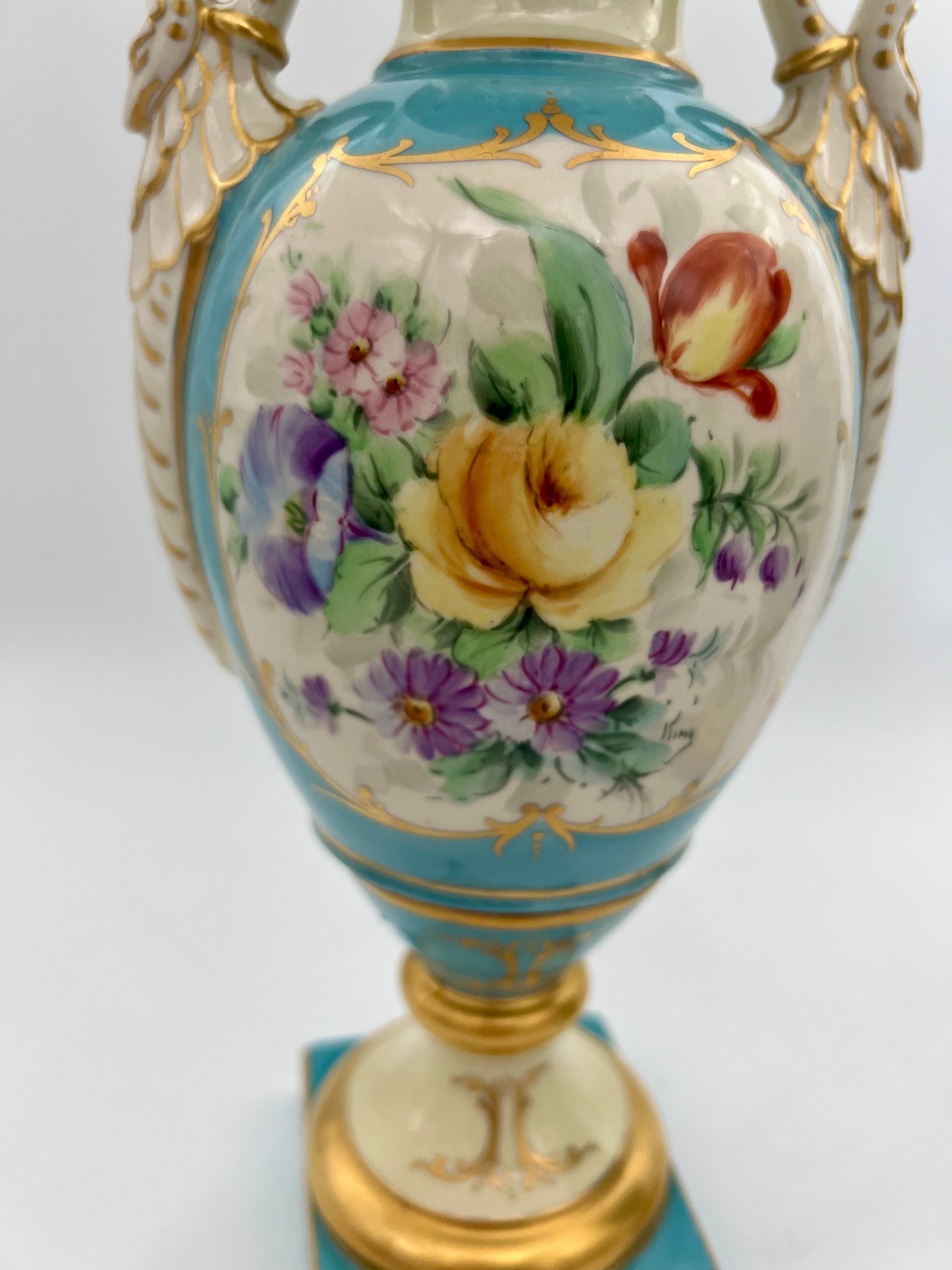 PAIR OF 19TH CENTURY LIMOGES SWAN-HANDLE URN VASES WITH LIDS – TURQUOISE & GOLD OLD PARIS STYLE, HAND-PAINTED FLORAL CARTOUCHES