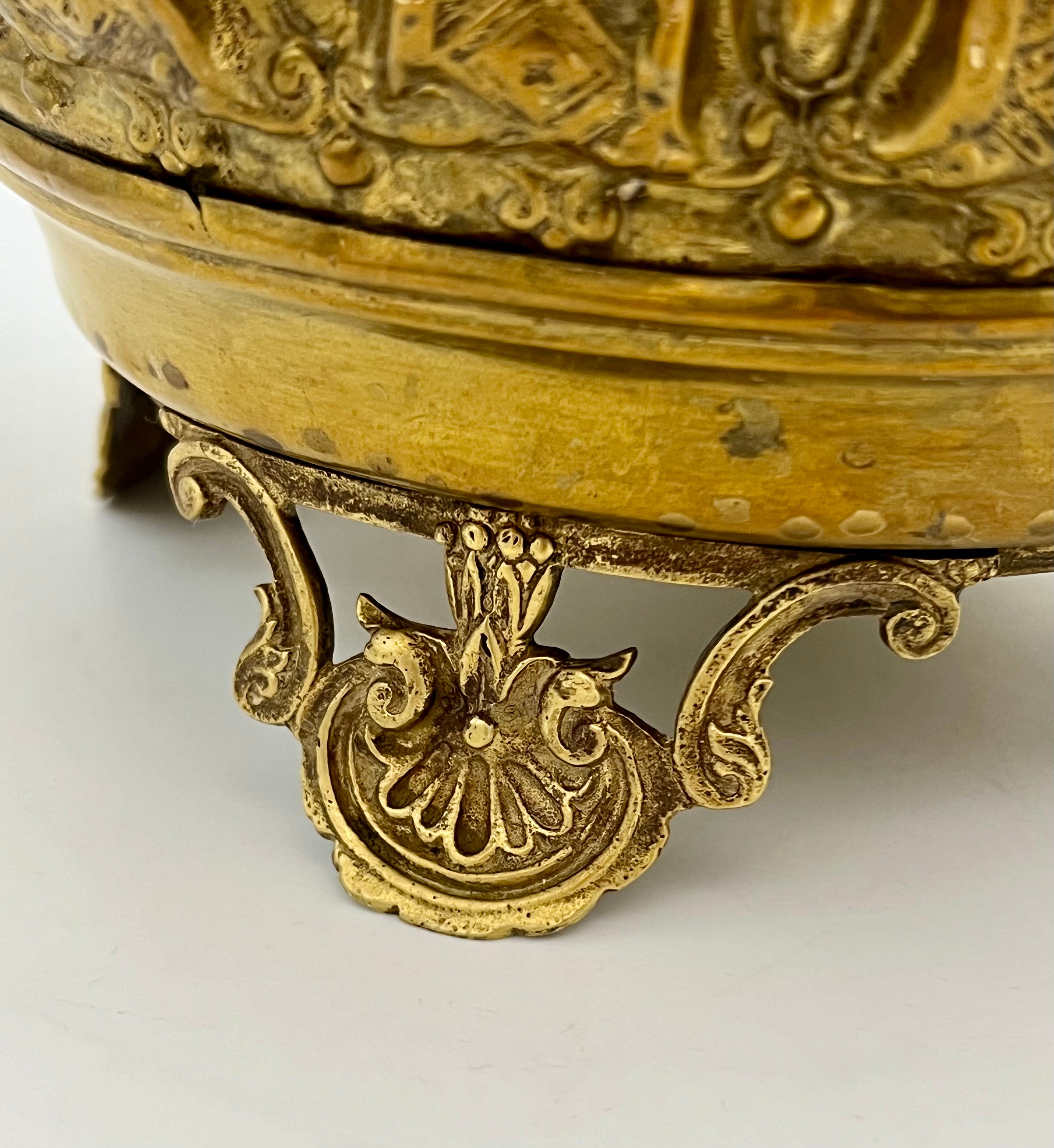 ANTIQUE FRENCH ROCOCO REVIVAL BRASS JARDINIÈRE – ORNATE EMBOSSED CACHEPOT WITH OPENWORK RIM & FEET – CIRCA 1880-1910