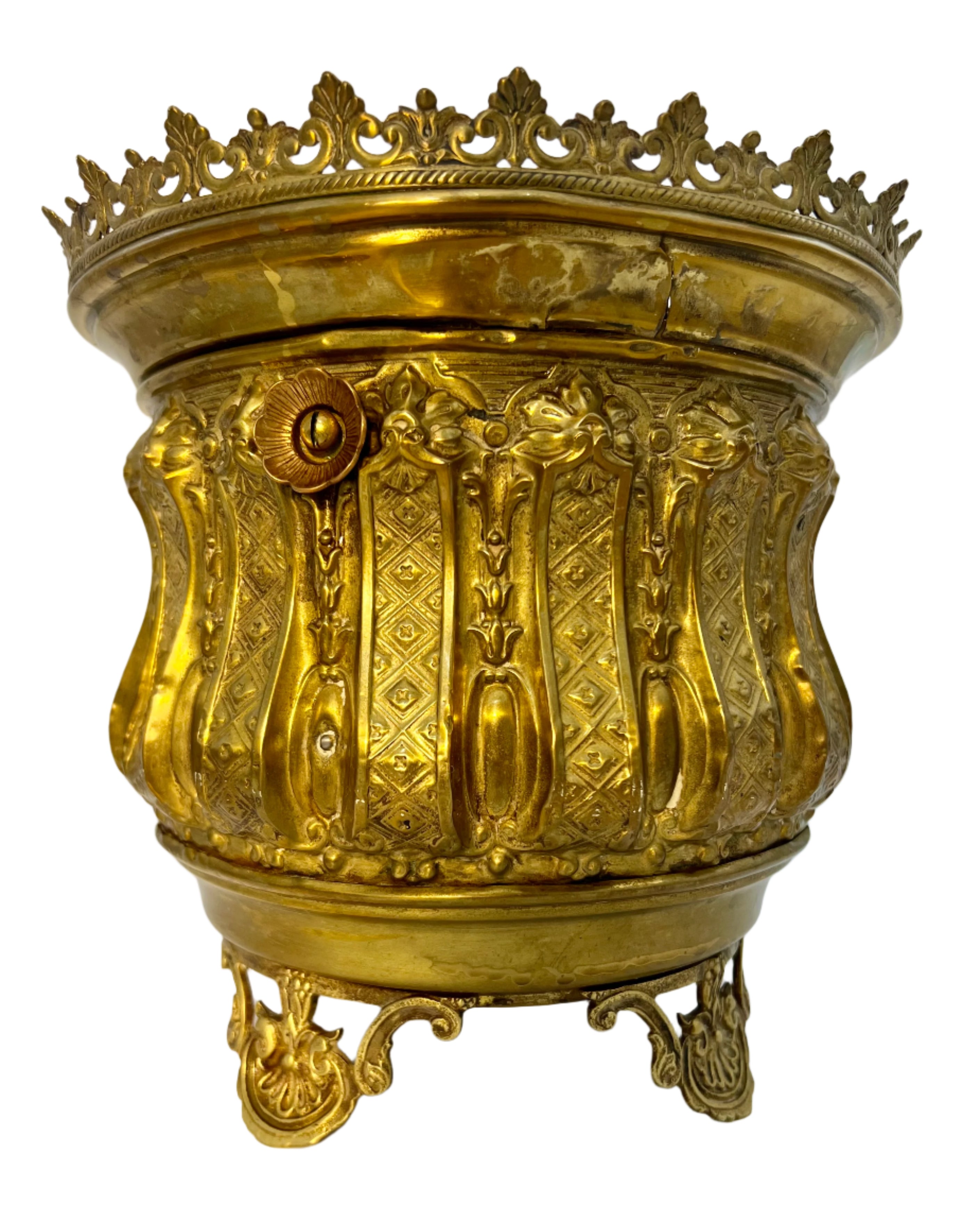 ANTIQUE FRENCH ROCOCO REVIVAL BRASS JARDINIÈRE – ORNATE EMBOSSED CACHEPOT WITH OPENWORK RIM & FEET – CIRCA 1880-1910