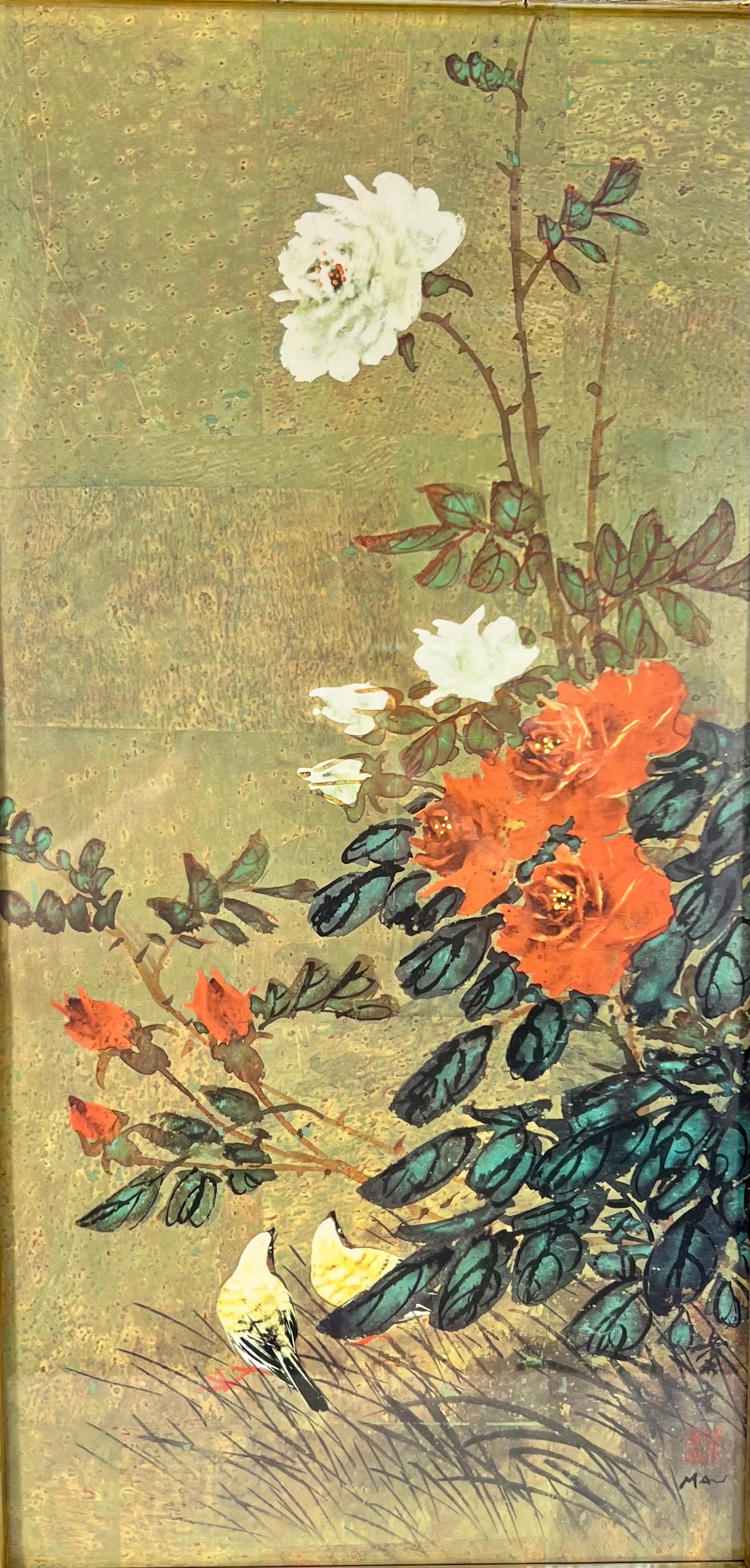 VINTAGE HUI CHI MAU “FINCHES AND ROSES” CHINOISERIE ART PRINT IN MIRRORED BAMBOO FRAME | HOLLYWOOD REGENCY
