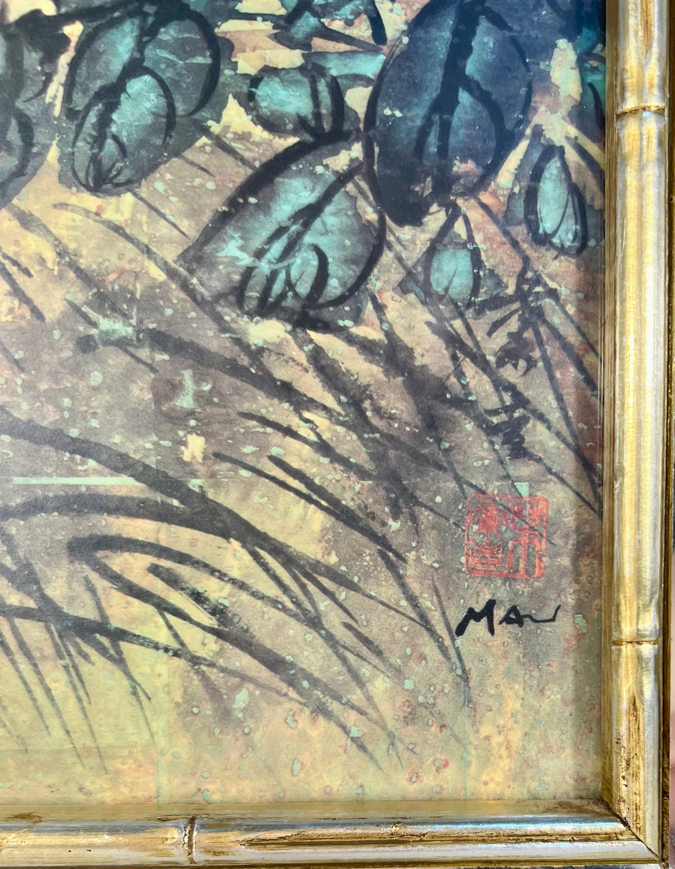 VINTAGE HUI CHI MAU “FINCHES AND ROSES” CHINOISERIE ART PRINT IN MIRRORED BAMBOO FRAME | HOLLYWOOD REGENCY
