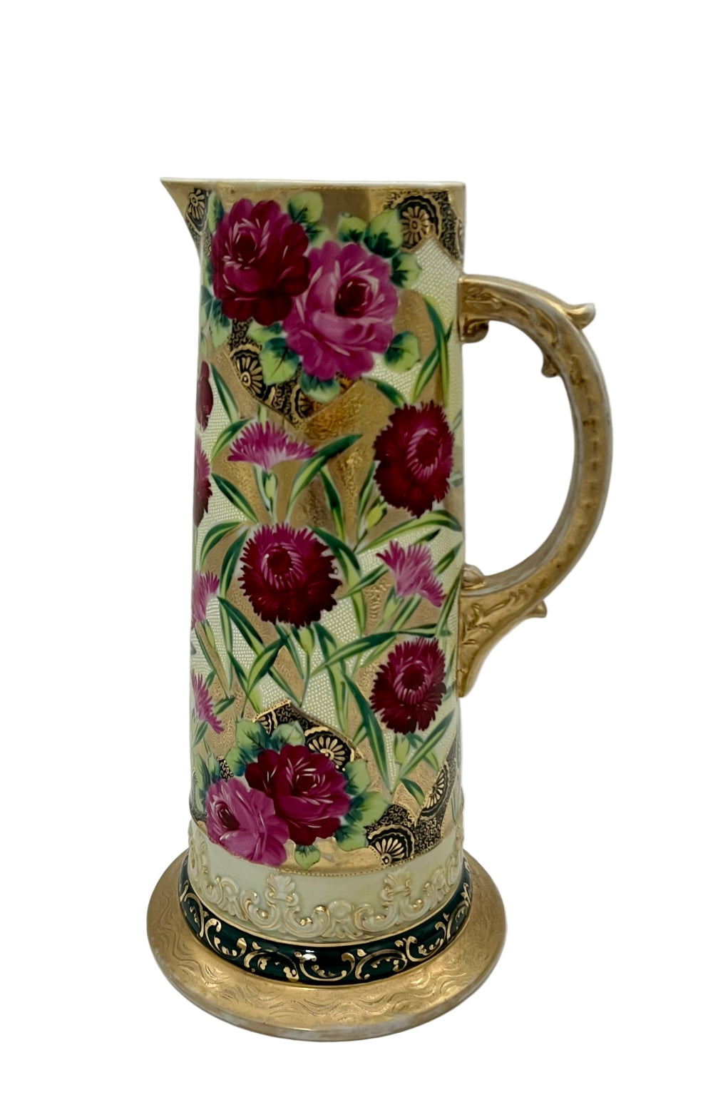 ANTIQUE NIPPON HAND-PAINTED GOLD FLORAL PITCHER Exquisite Raised Moriage Enamel | Circa 1895–1910 | Japan